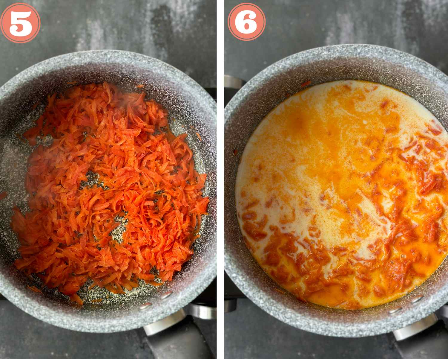 Collage steps to make carrot kheer; cook the carrots and add milk. 