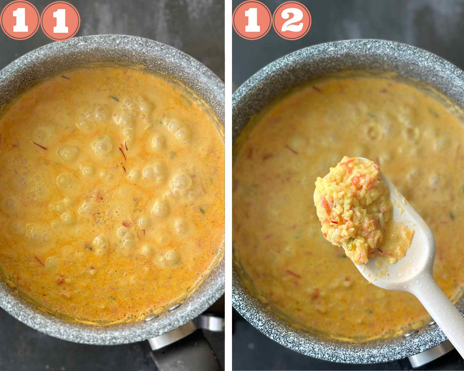 Collage steps to make carrot kheer; cook and stir the kheer well. 