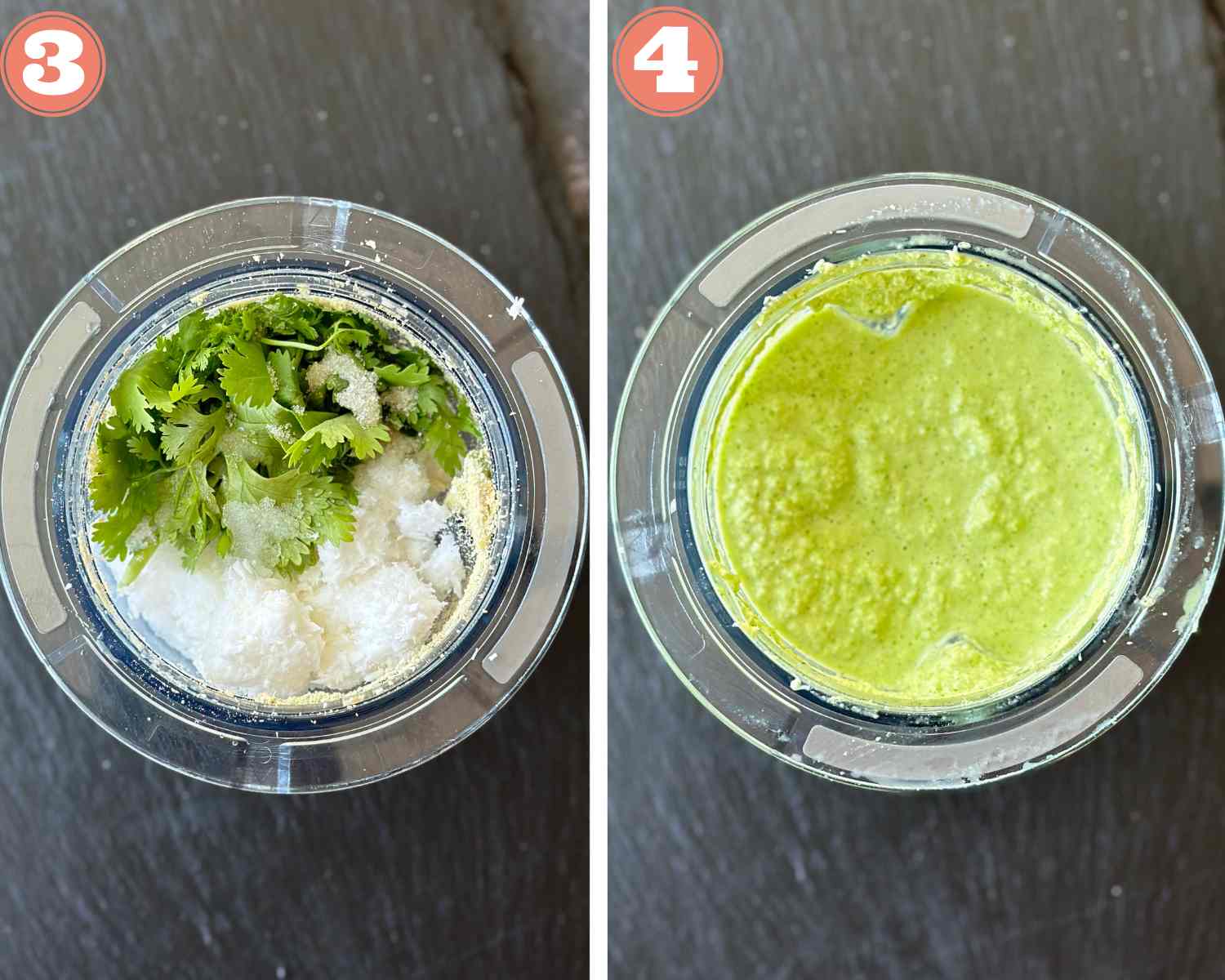 Collage steps to make coconut cilantro chutney; adding coconut, cilantro and spices to a blender jar and processing till smooth. 