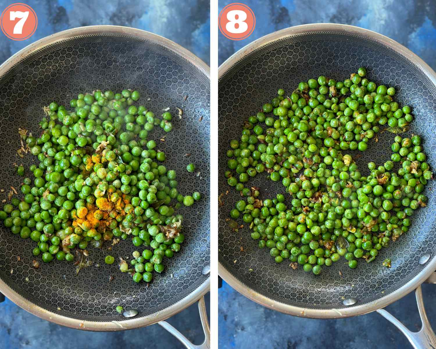 Collage steps to make Green Peas Kachori Puffs; seasoning the peas mixture and cooking it in a pan. 