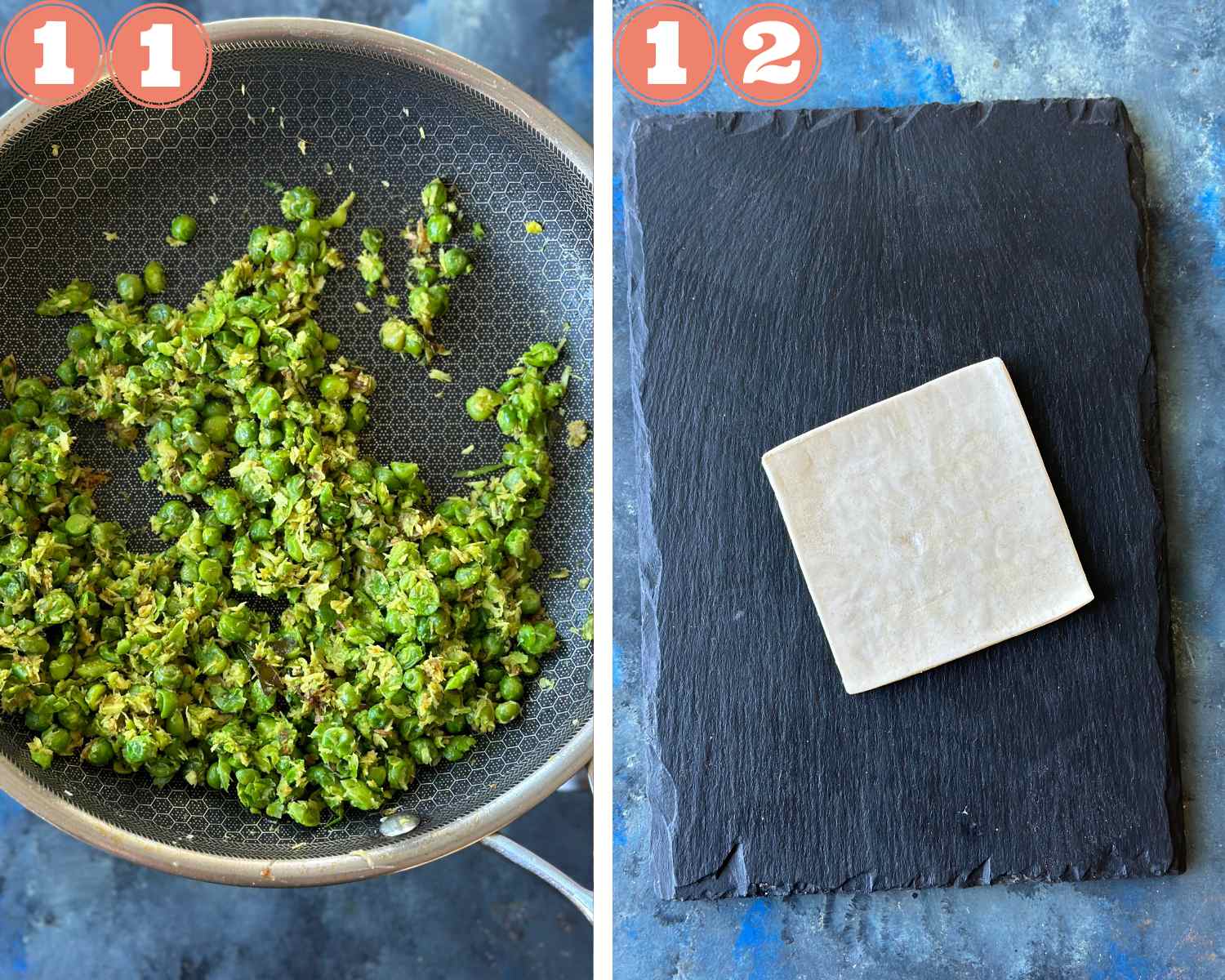 Collage steps to make Green Peas Kachori Puffs; cooling the mixture and preparing a puff pastry sheet on a board. 