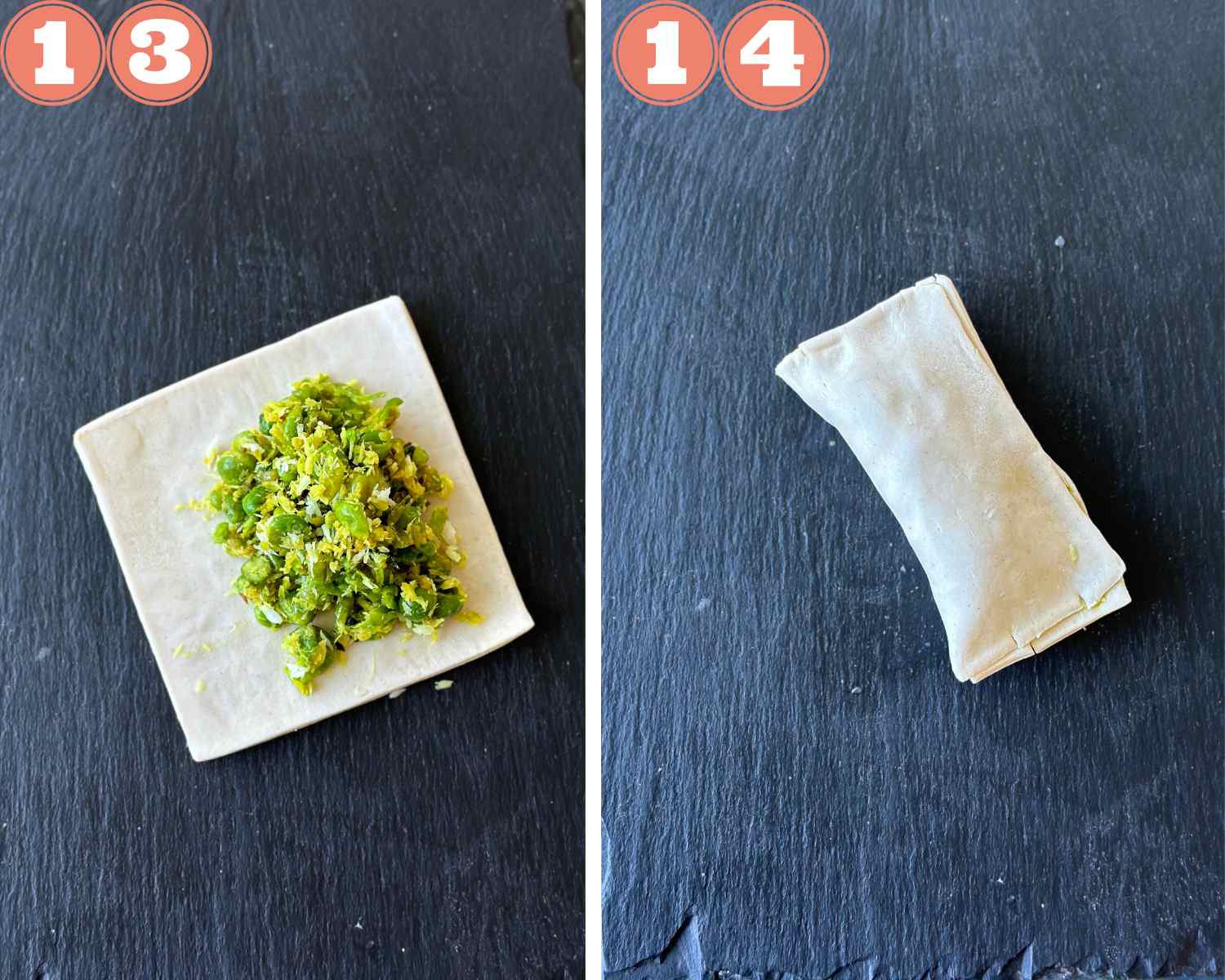 Collage steps to make Green Peas Kachori Puffs; adding the mixture and sealing the puff pastry sheet well. 