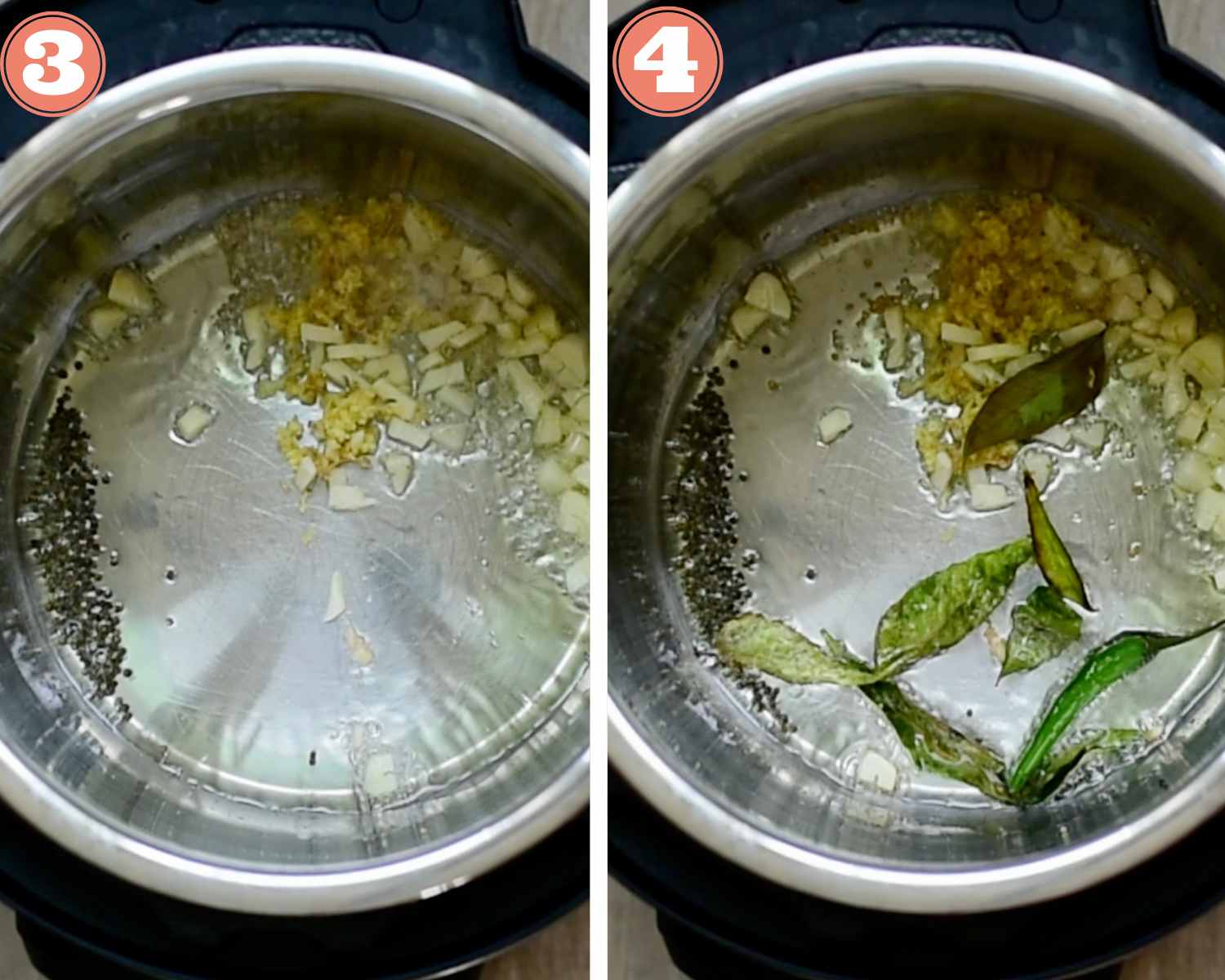 Collage steps to make Instant Pot Masale Bhaat;  adding aromatics and sauté till flavorful. 