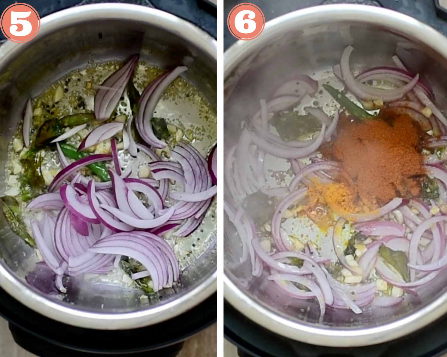 Collage steps to make Instant Pot Masale Bhaat;  adding onions and spices  to the instant pot. 