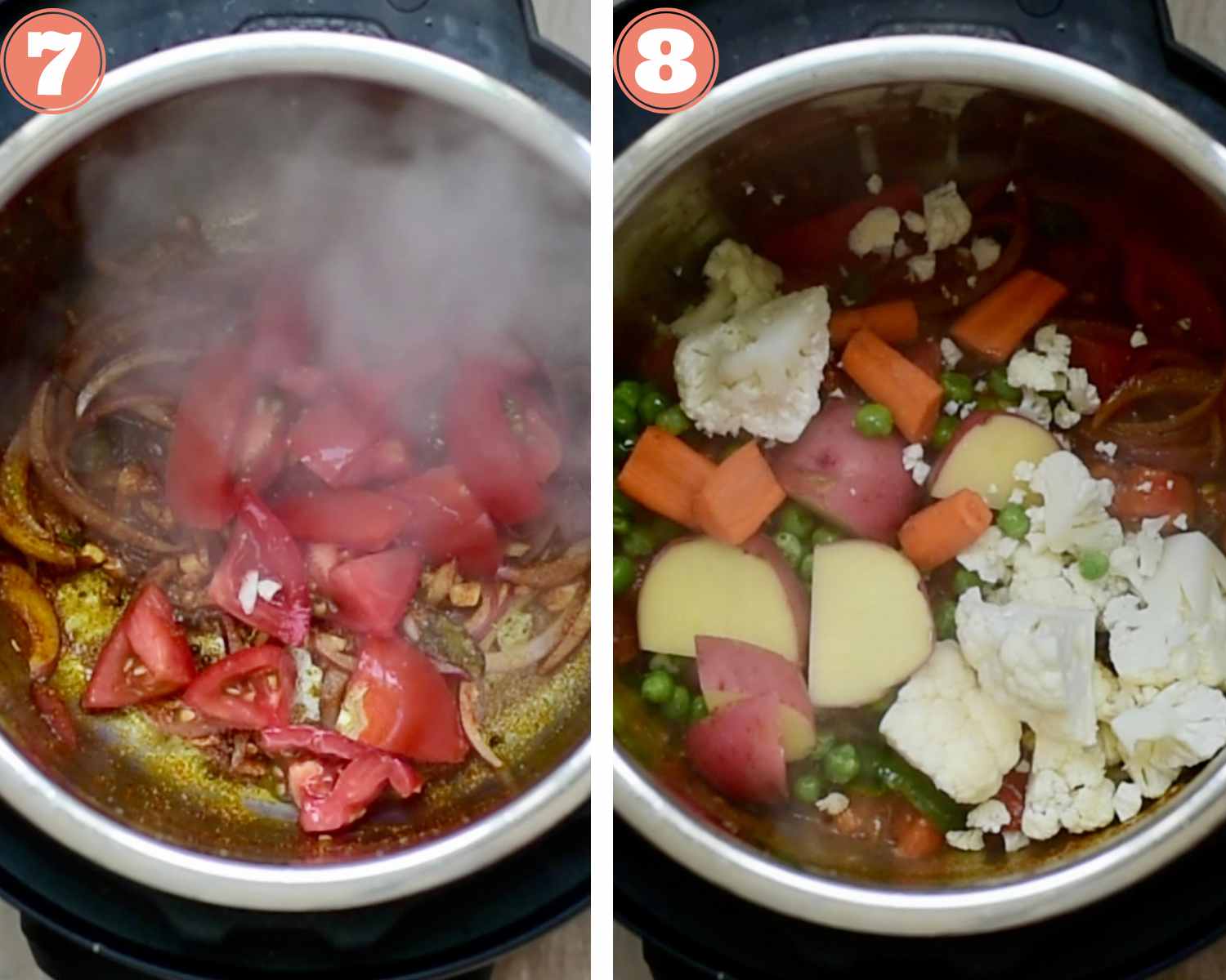 Collage steps to make Instant Pot Masale Bhaat;  adding tomatoes and vegetables in the instant pot. 
