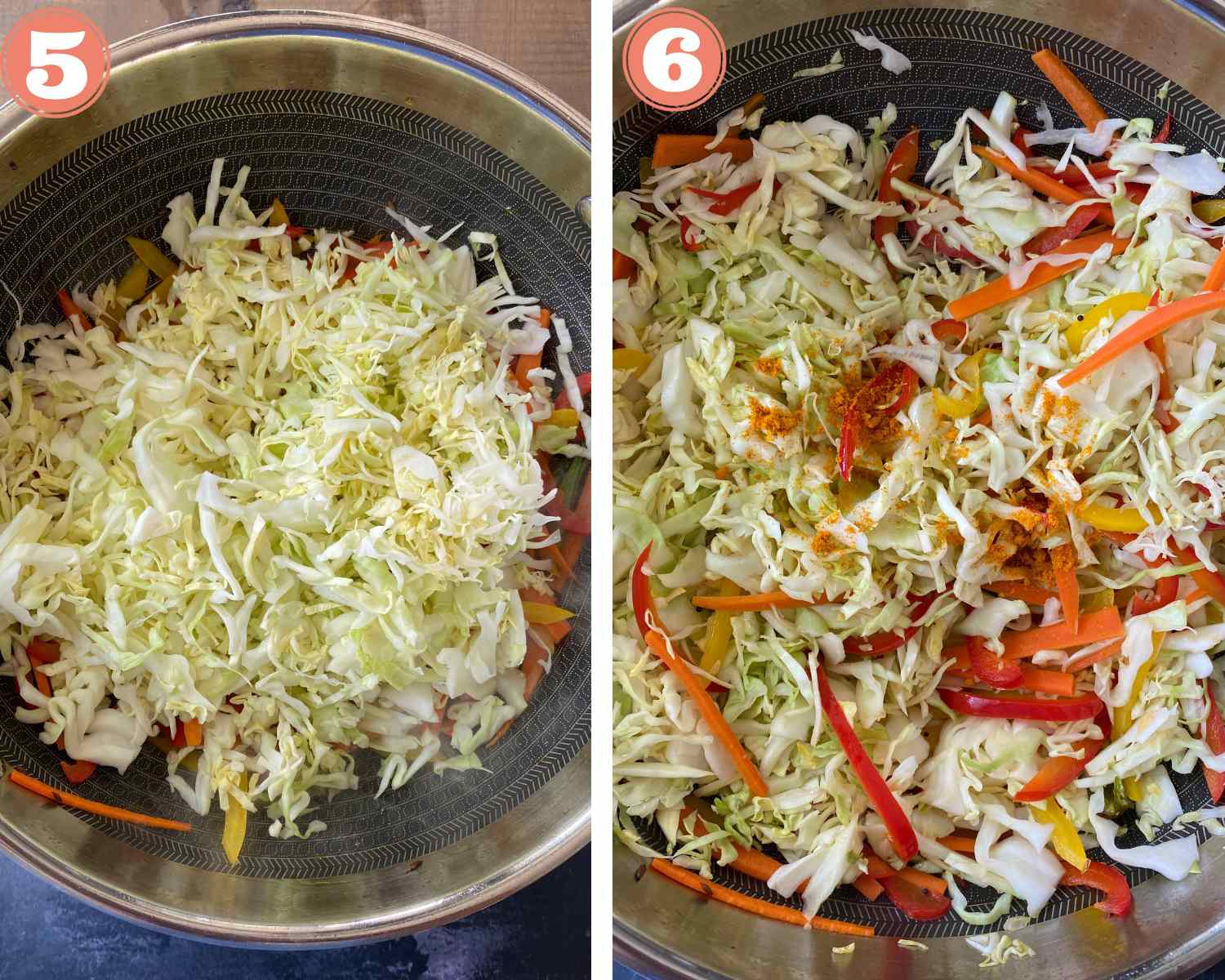 Collage steps to make kobi no sambharo; add cabbage and mix everything well. 