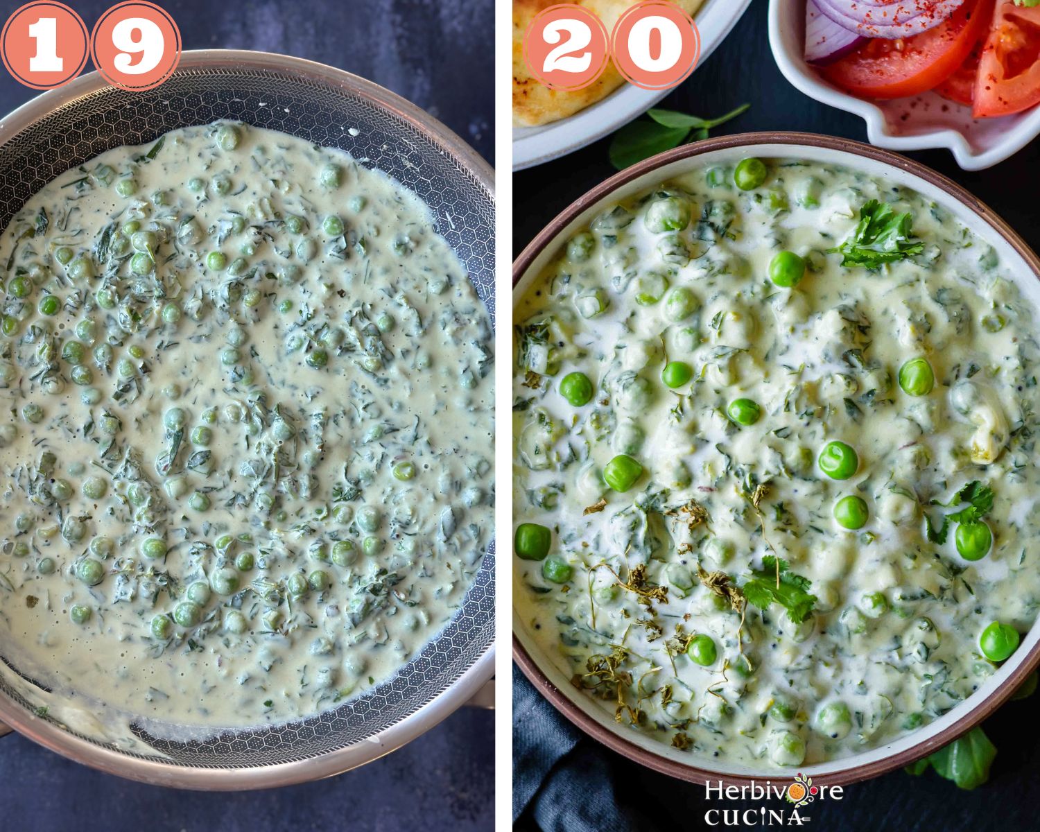 Collage steps to make Methi Mater Malai; cooked sabzi in a pan and served in a bowl with naan and salad. 
