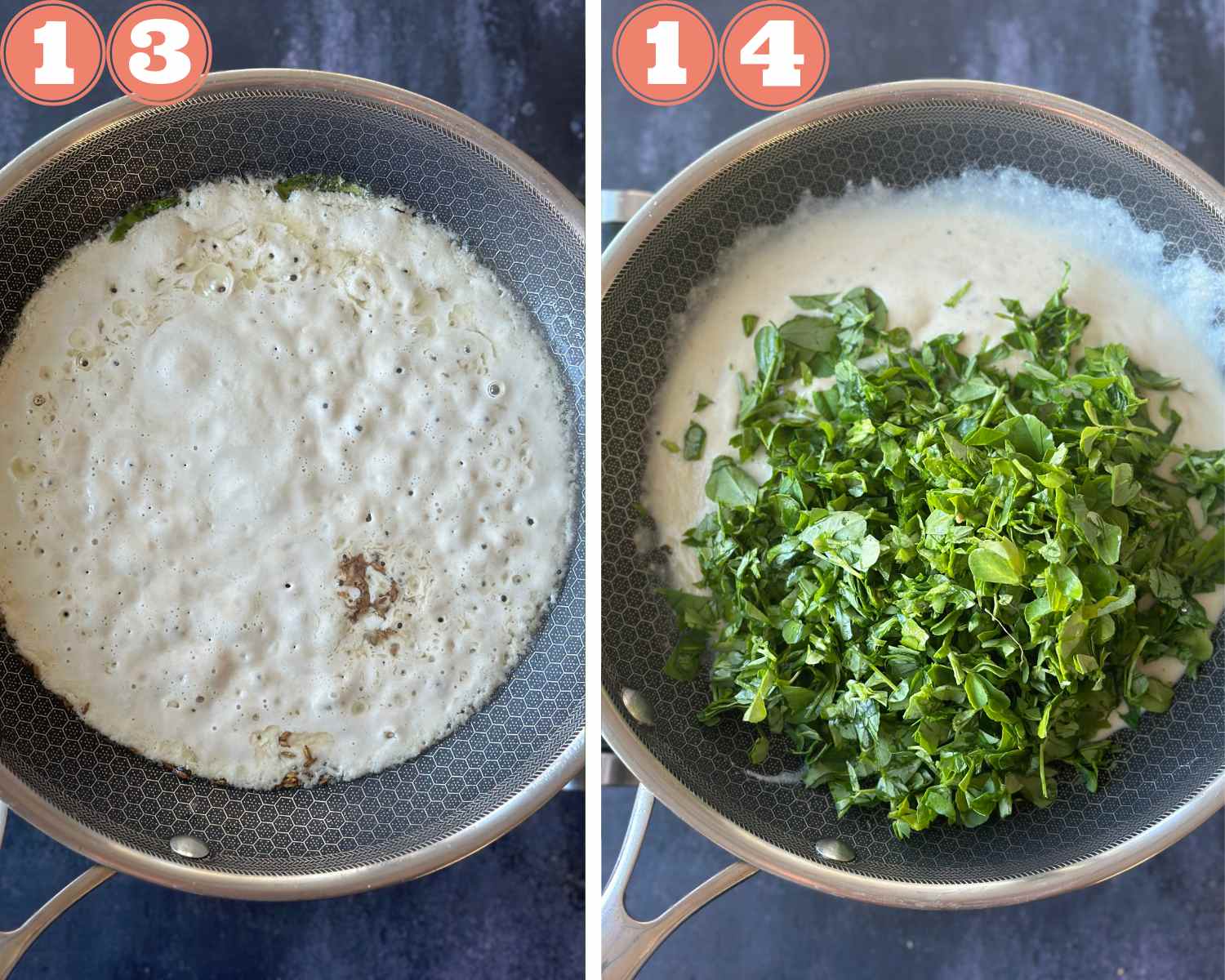 Collage steps to make Methi Mater Malai; adding gravy and methi leaves to the pan. 