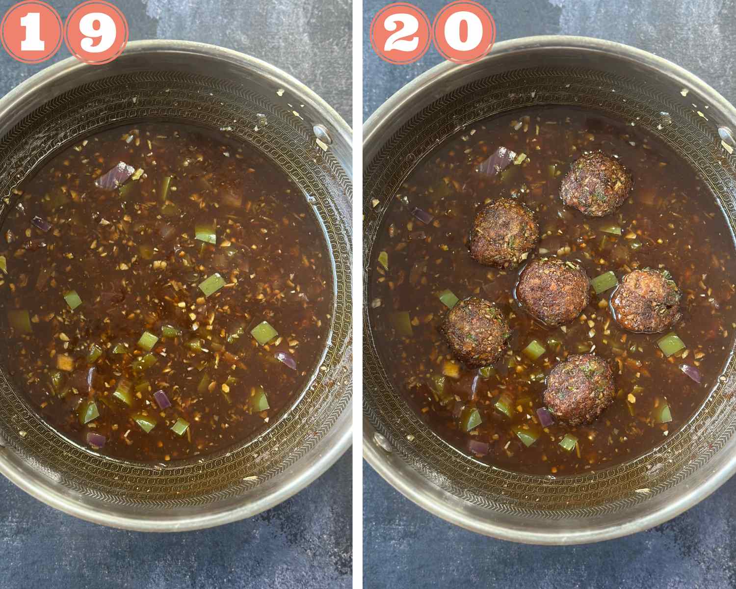 Collage steps to make non-fried manchurian; cook the slurry and add the manchurian balls. 