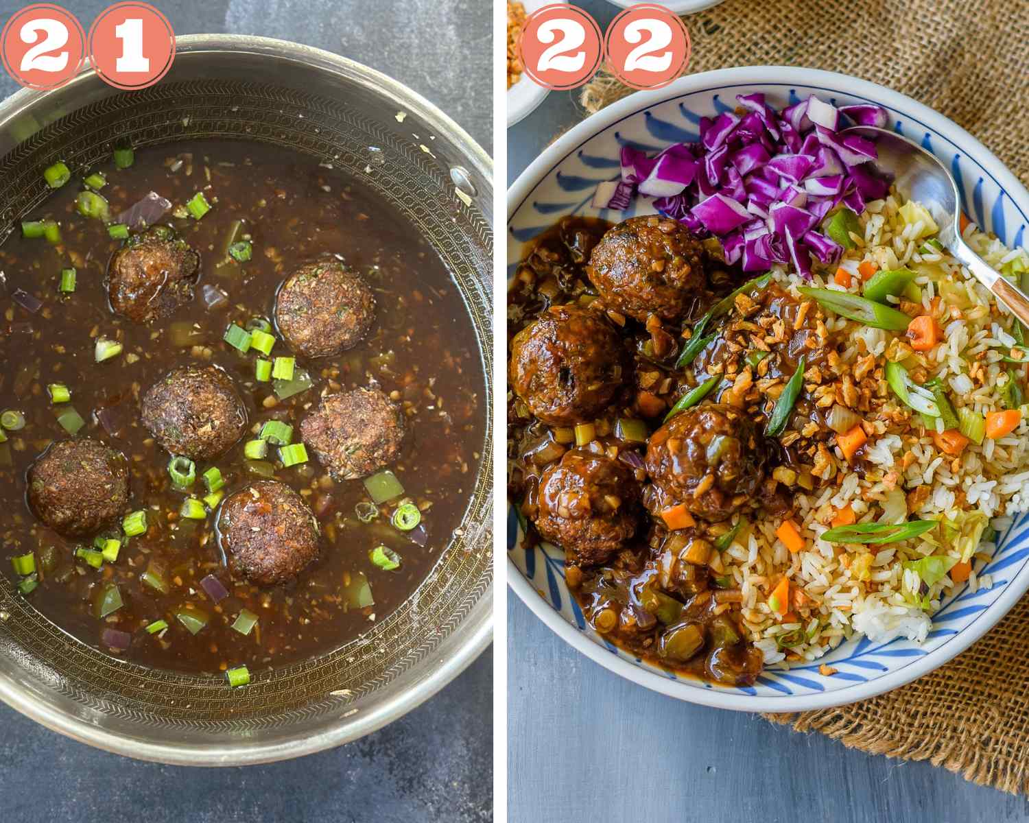 Collage steps to make non-fried manchurian; mix everything well and serve with fried rice. 