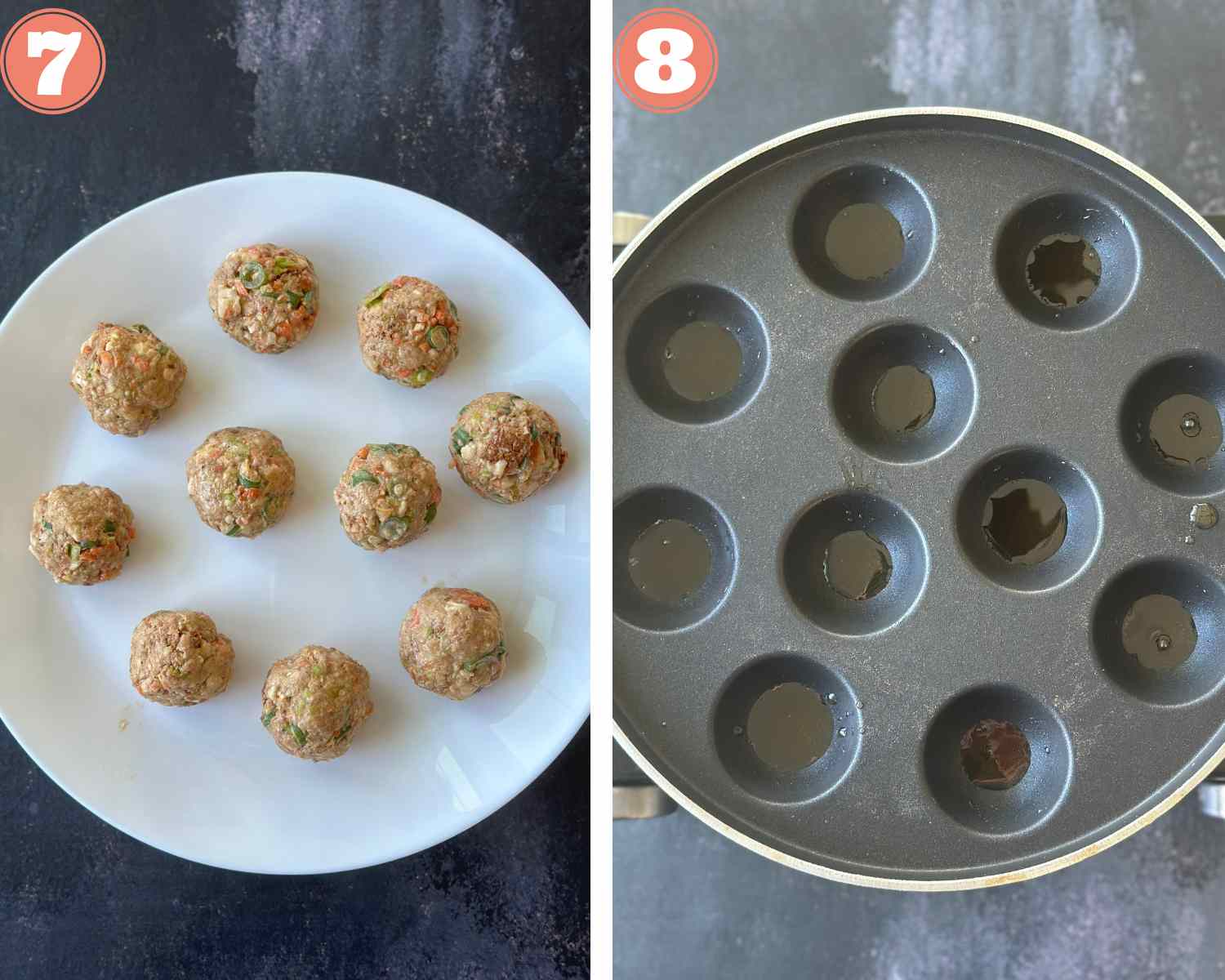 Collage steps to make non-fried manchurian; make the manchurian balls and heat oil in a paniyaram stand. 