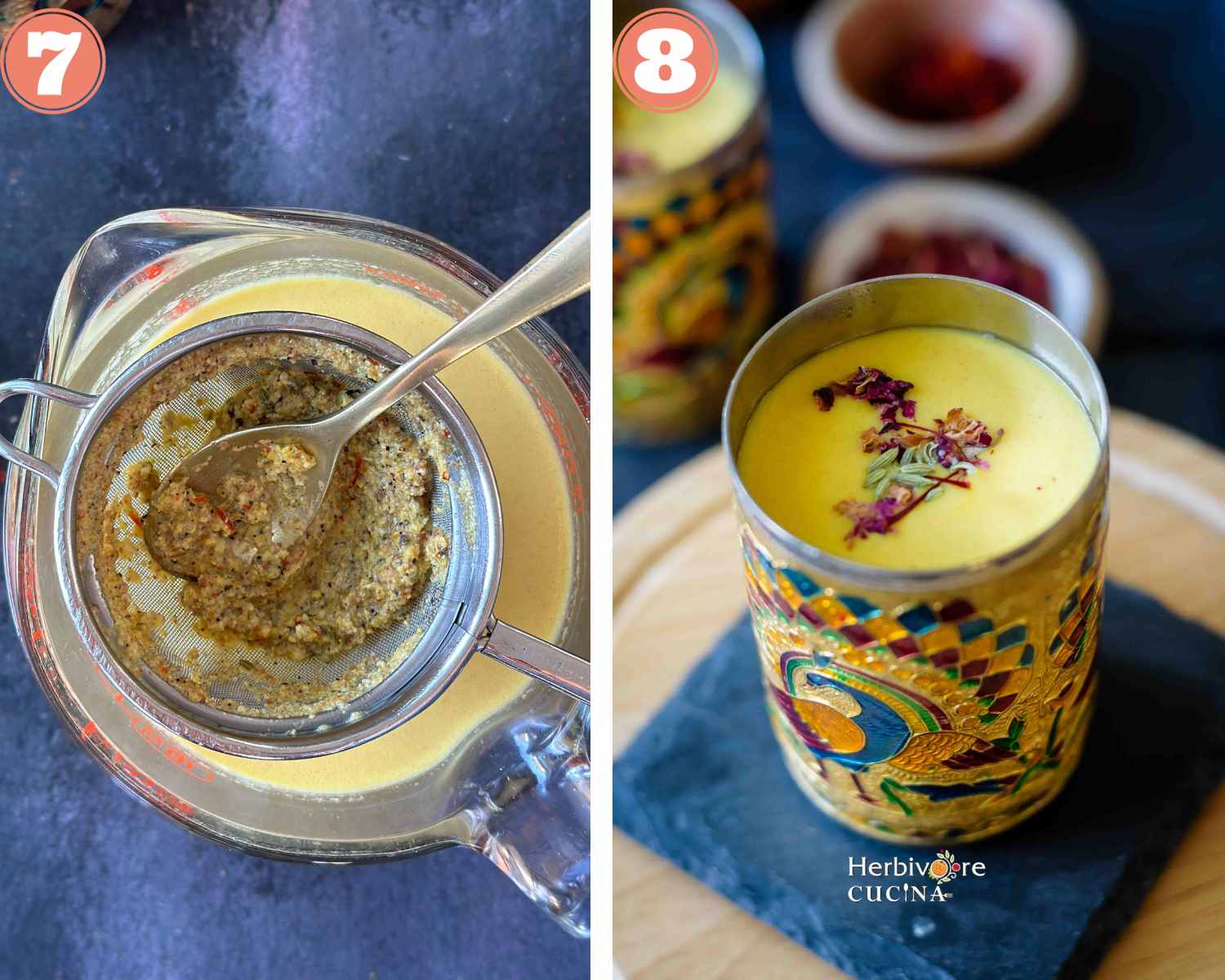 Collage steps to make Thandai; straining and serving the kesar thandai. 