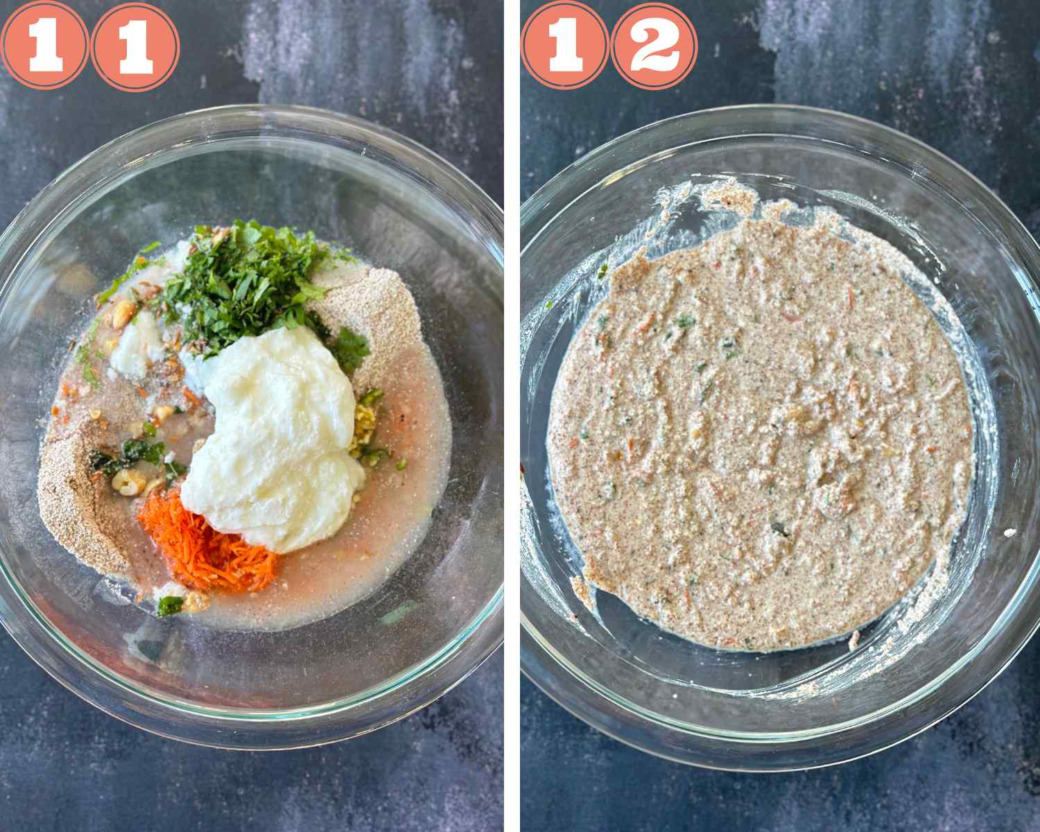 Collage steps to make instant ragi idli; adding yogurt and water to make the ragi rava mix. 