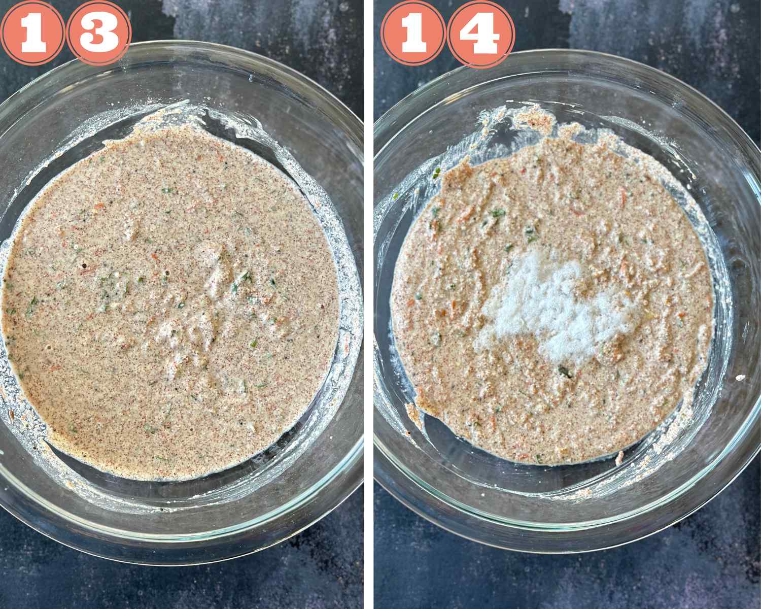 Collage steps to make instant ragi idli; resting the batter and adding eno before steaming. 