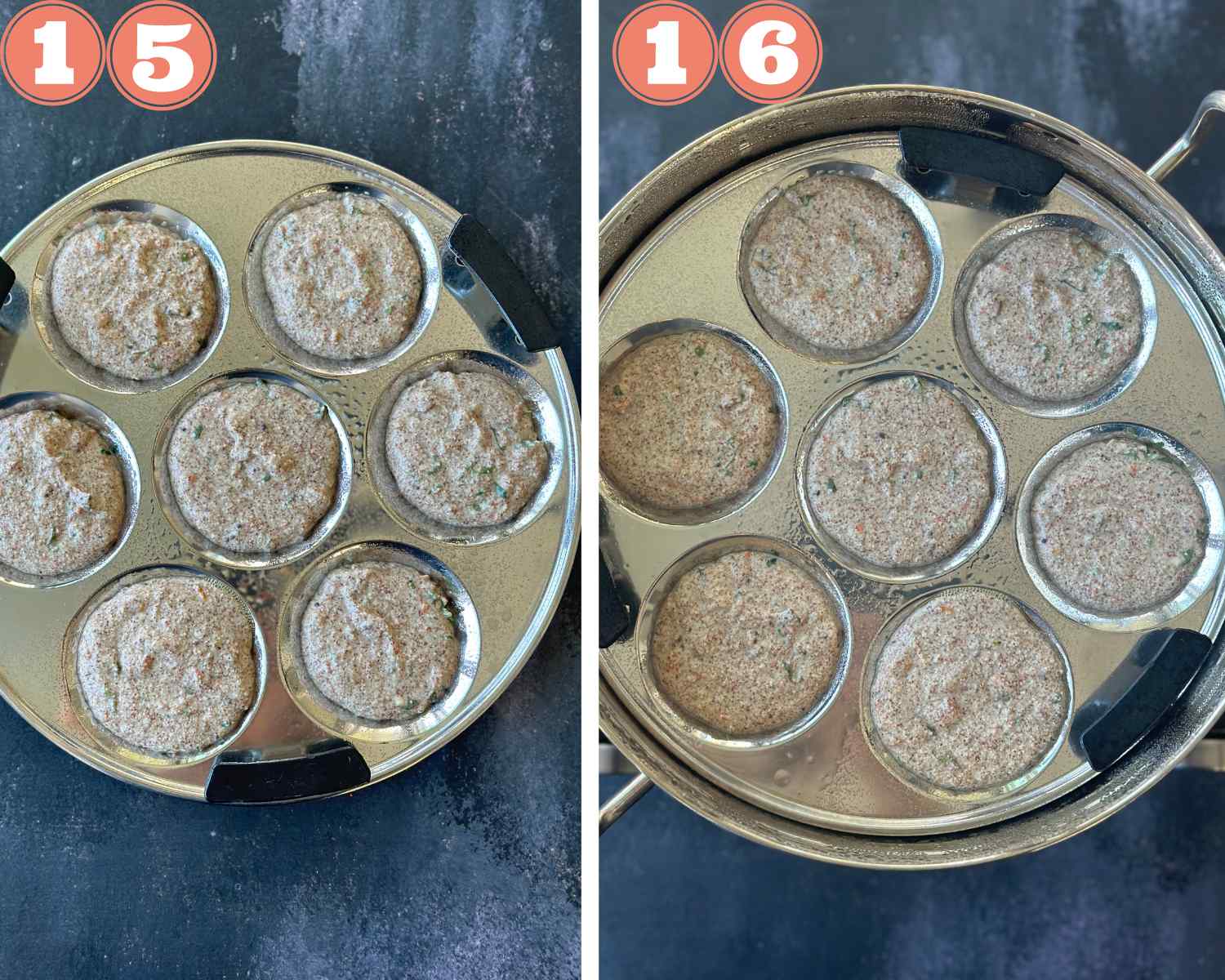 Collage steps to make instant ragi idli; dividing the batter in idli cavities and steaming for 10 minutes. 