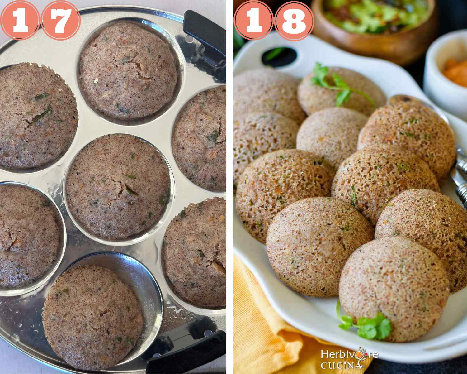 Collage steps to make instant ragi idli; removing the idlis and serving with chutney. 