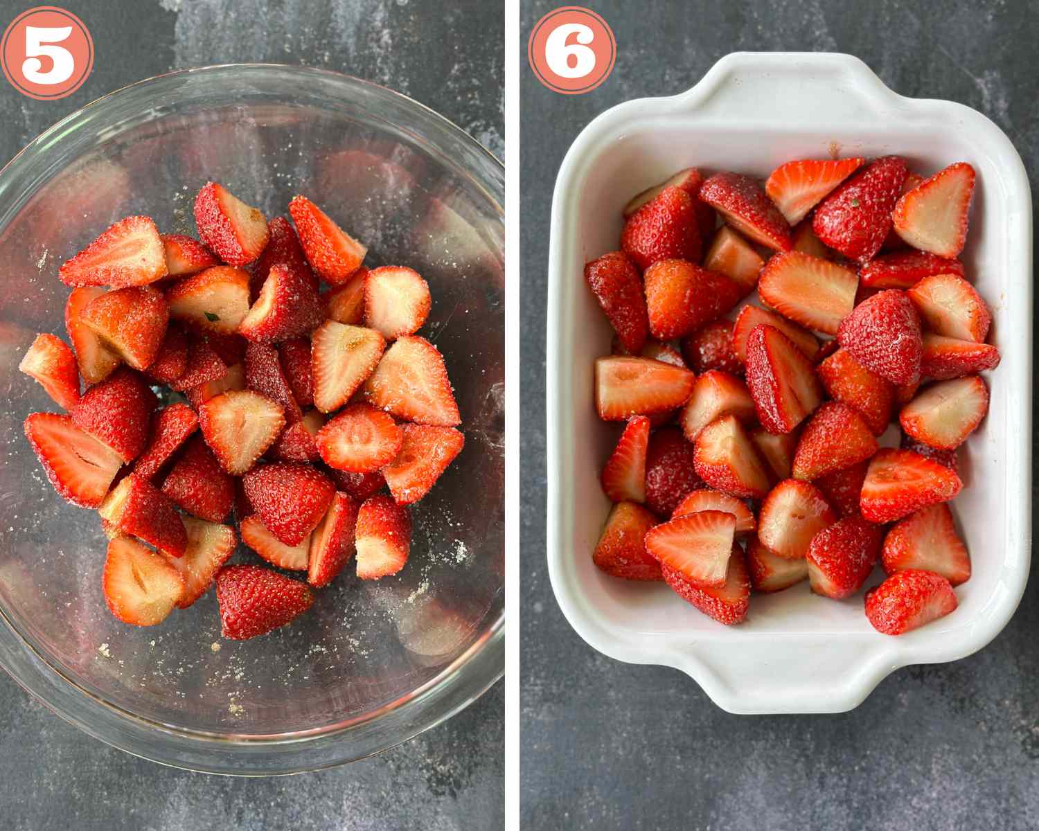 Collage steps to make roasted strawberries; toss the berries to coat and transfer to a baking tray. 