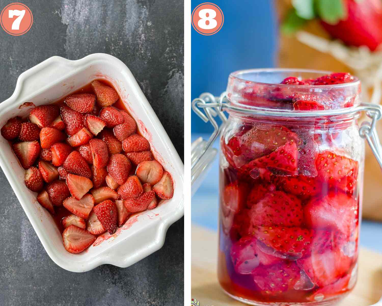 Collage steps to make roasted strawberries;  bake till roasted and transfer to a glass jar once cool. 