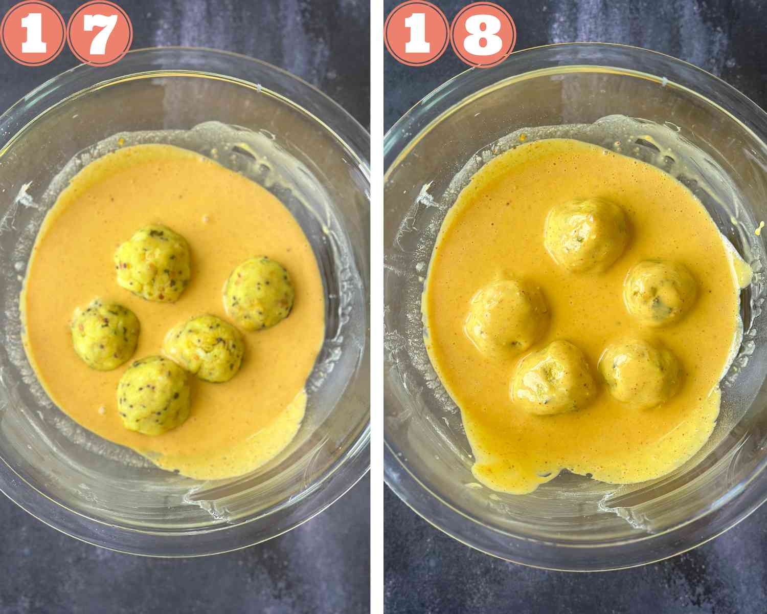 Collage steps to make Vada Pav; adding the balls to chickpea batter and coating well. 