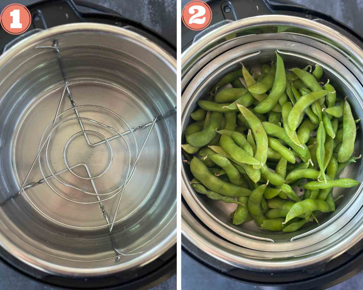 Collage steps to make Garlic Edamame; adding water and placing a basket of edamame pods on it. 