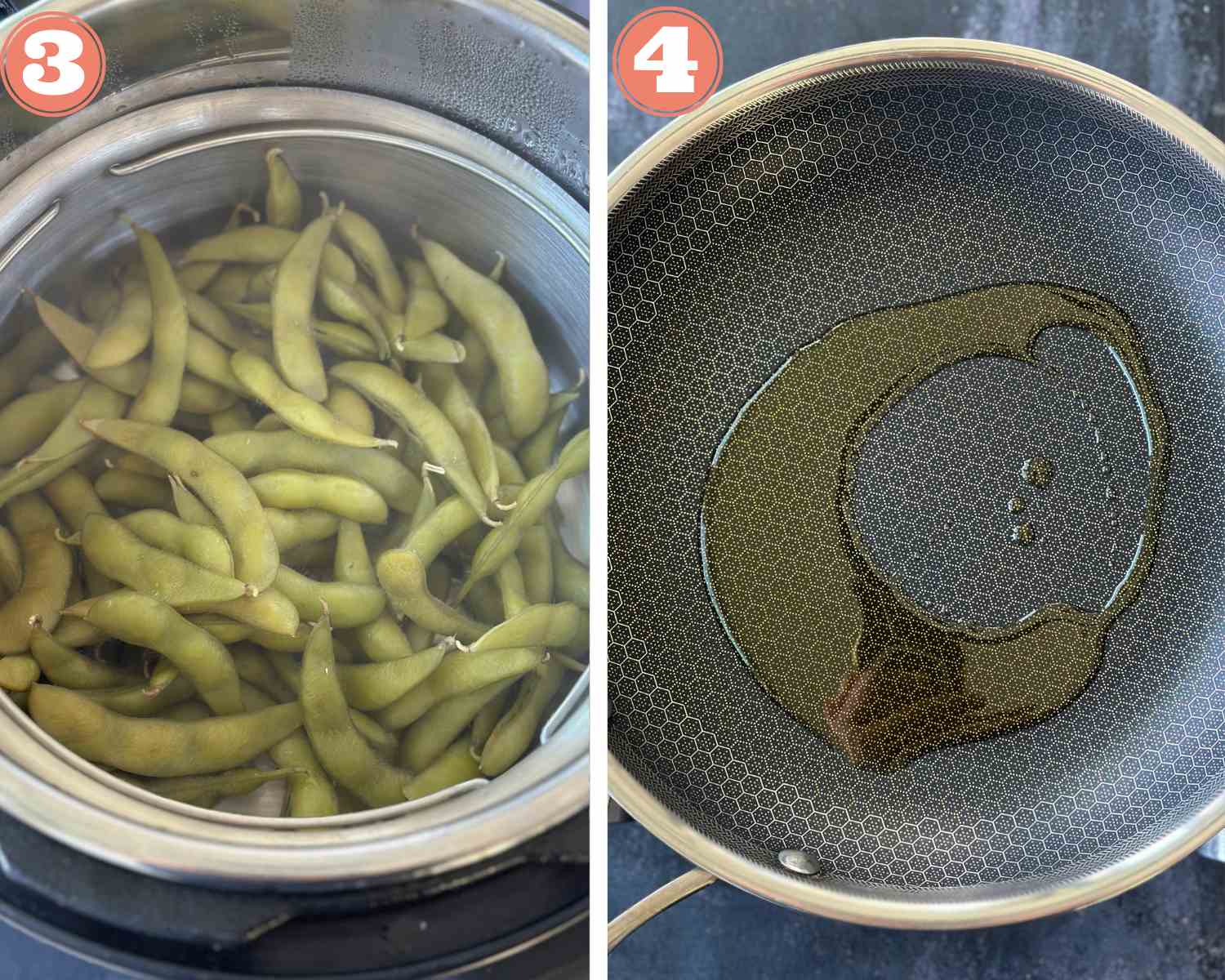 Collage steps to make Garlic Edamame; steamed edamame and heating oil in a pan. 