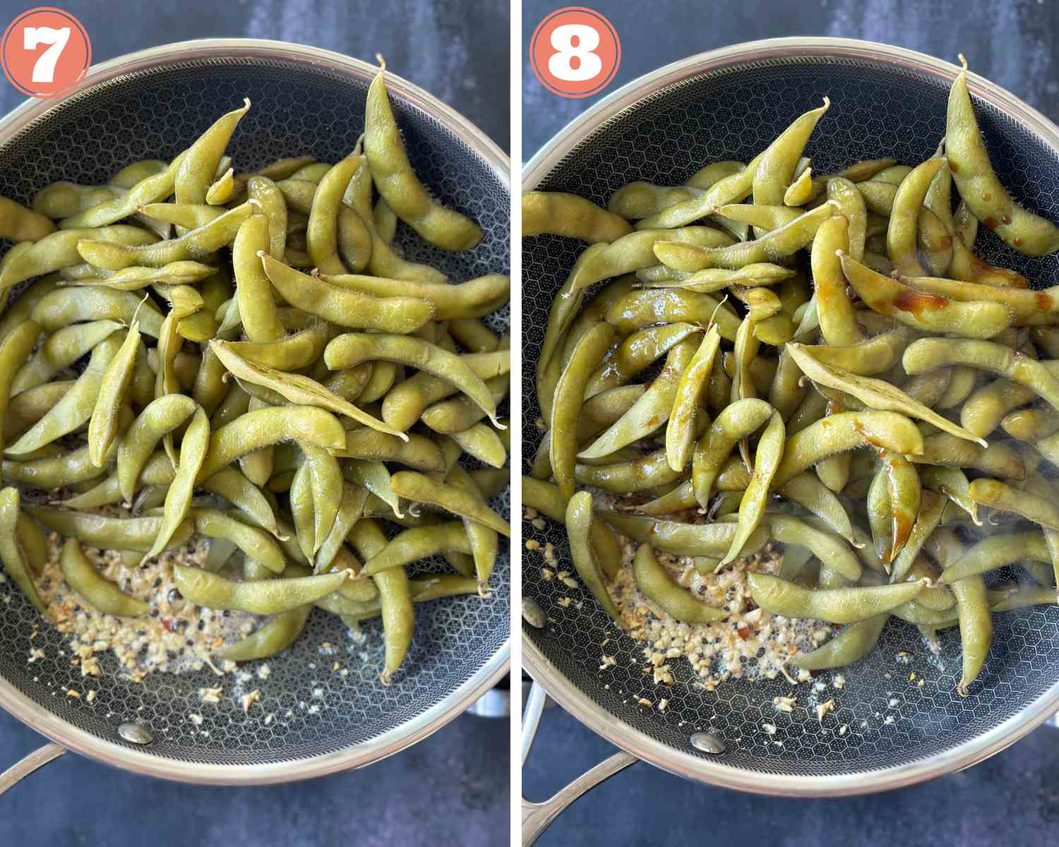 Collage steps to make Garlic Edamame; adding edamame pods and soy sauce in the pan. 