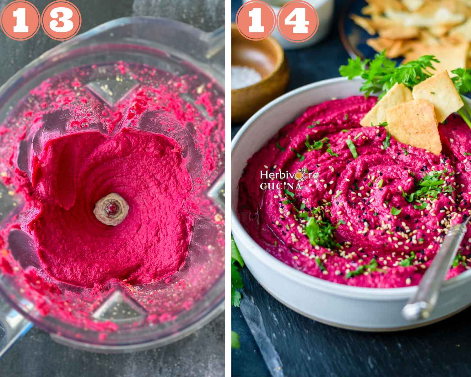 Collage steps to make roasted beetroot hummus; blending till smooth and transferring to a bowl. 