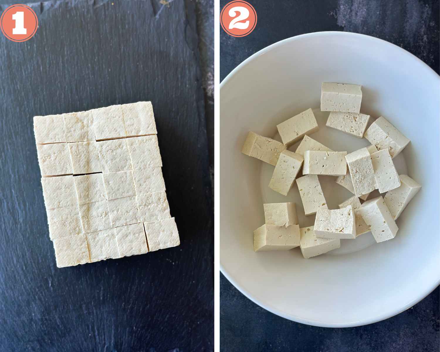 Collage steps to make Orange tofu; press and make cubes of tofu. 