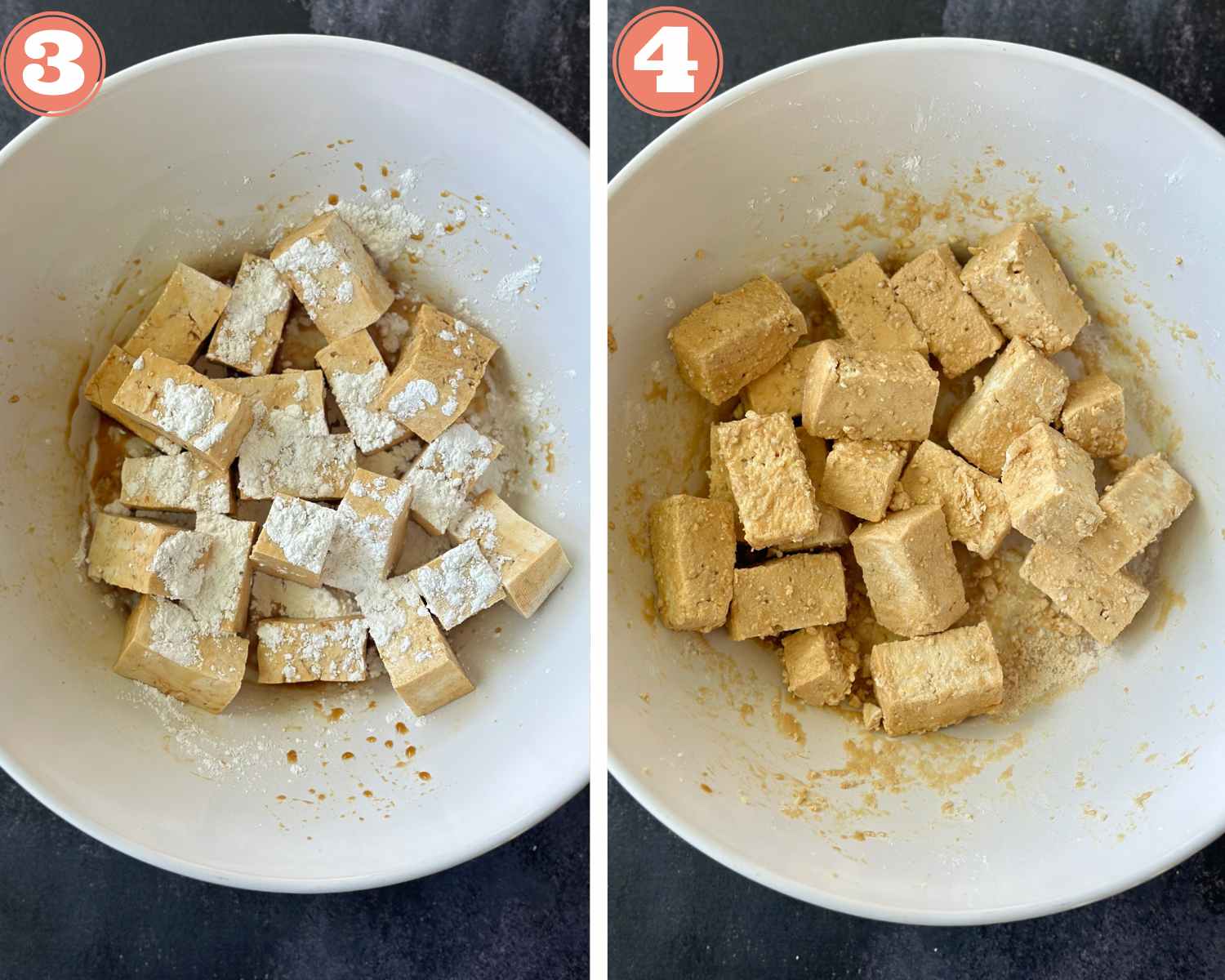 Collage steps to make Orange tofu; season the tofu and mix well. 