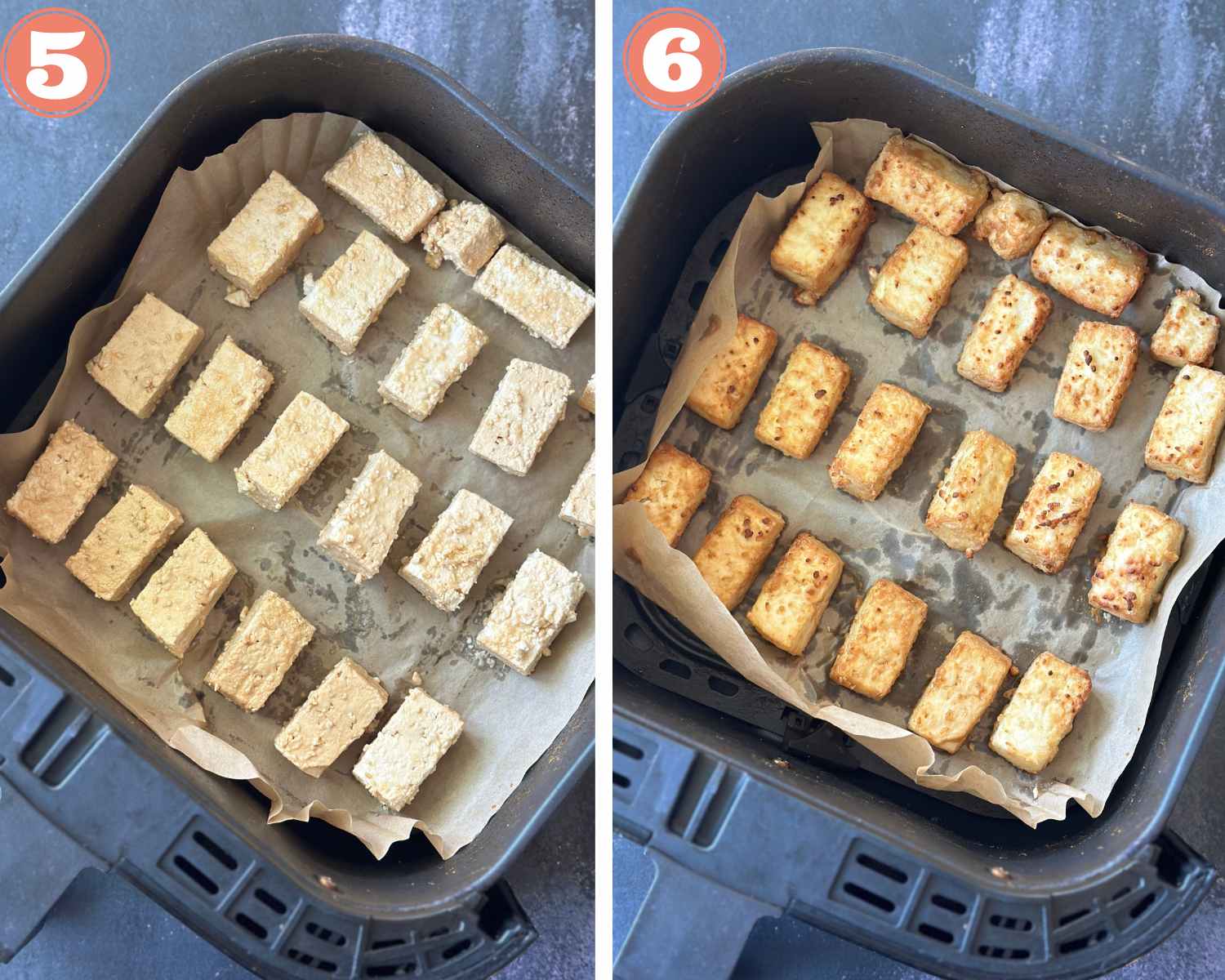 Collage steps to make Orange tofu; air fry tofu cubes till crisp. 