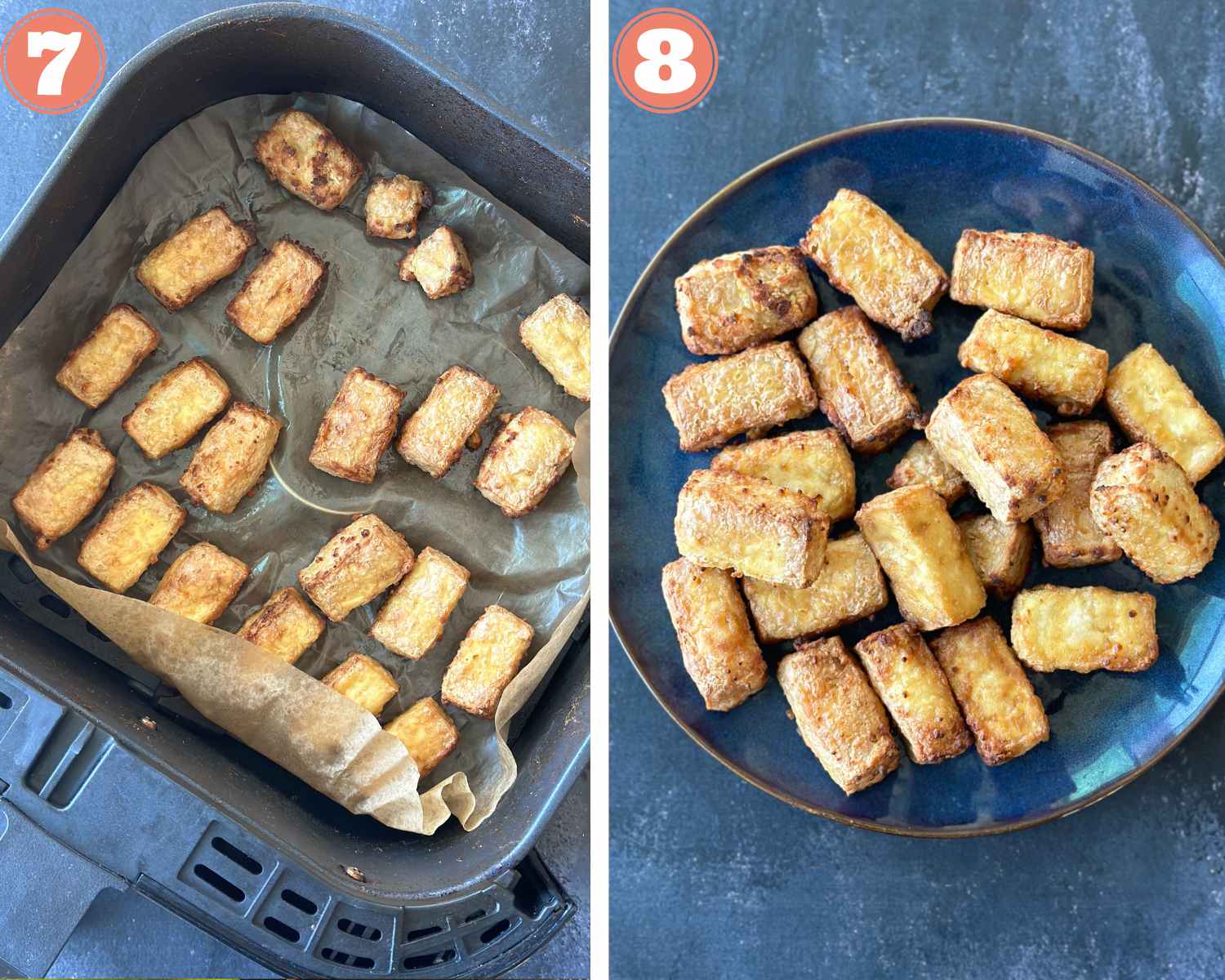 Collage steps to make Orange tofu; air fried tofu in a platter. 