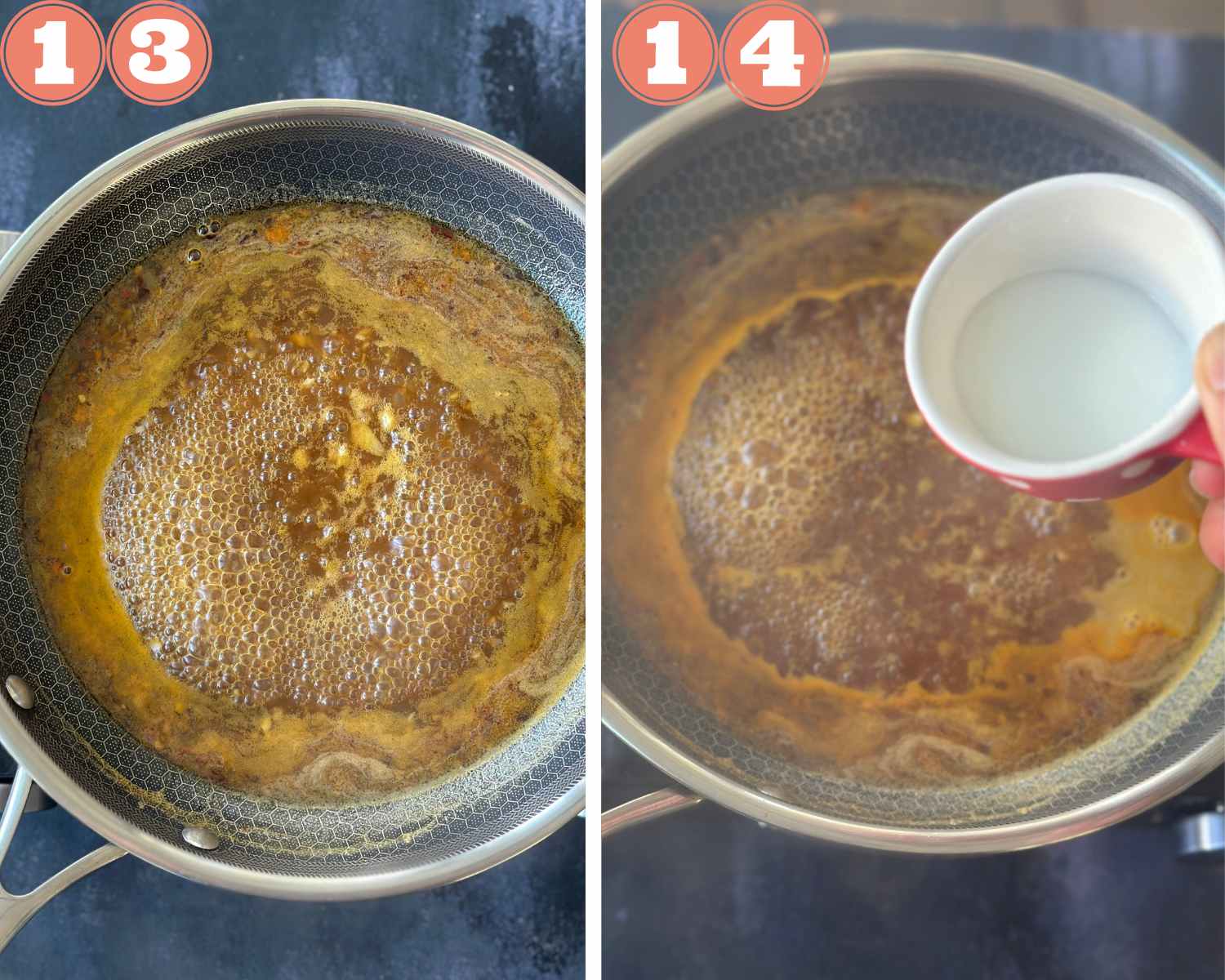 Collage steps to make Orange tofu; adding cornstarch slurry to the sauce. 