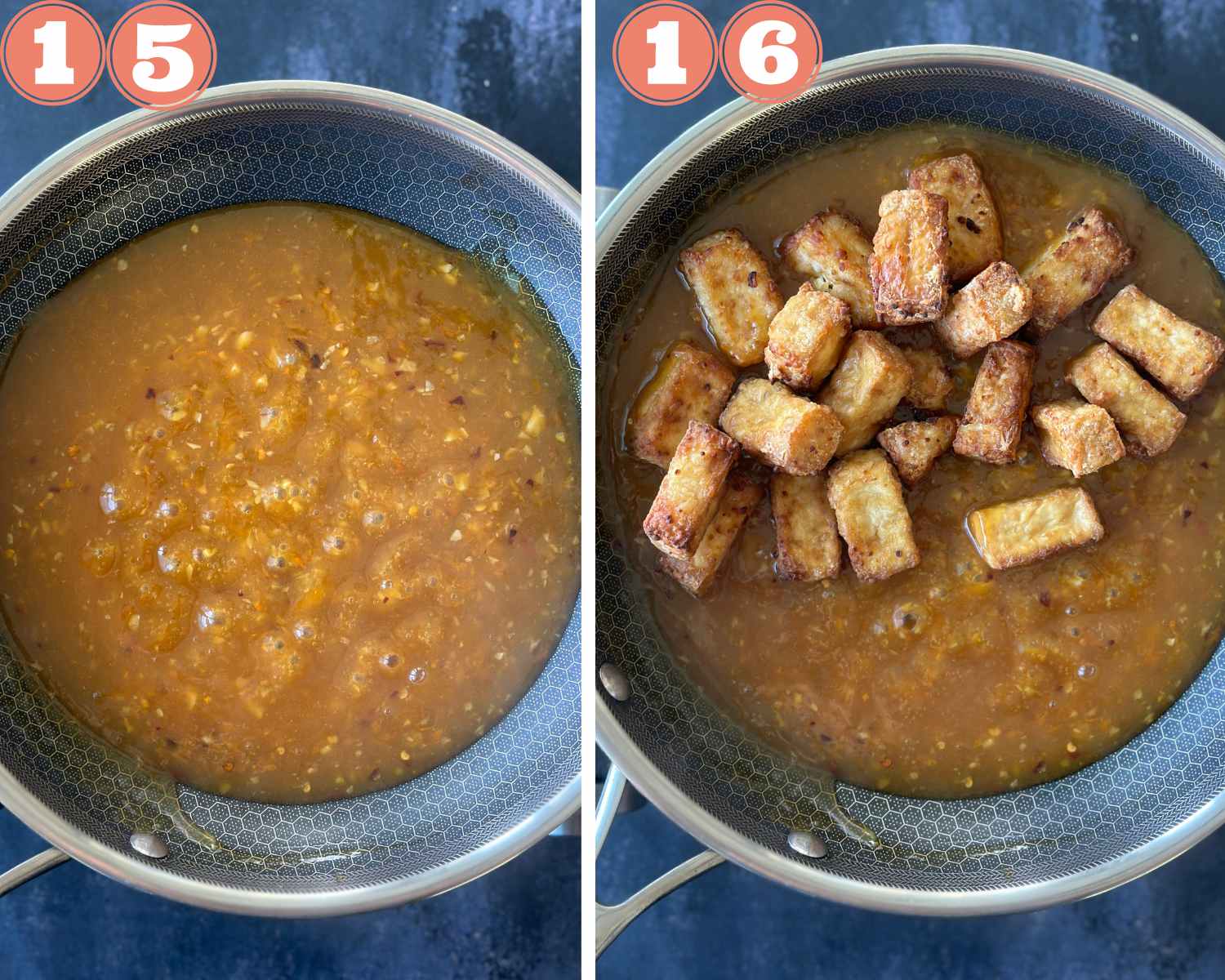 Collage steps to make Orange tofu; thickening the sauce and adding the tofu pieces. 