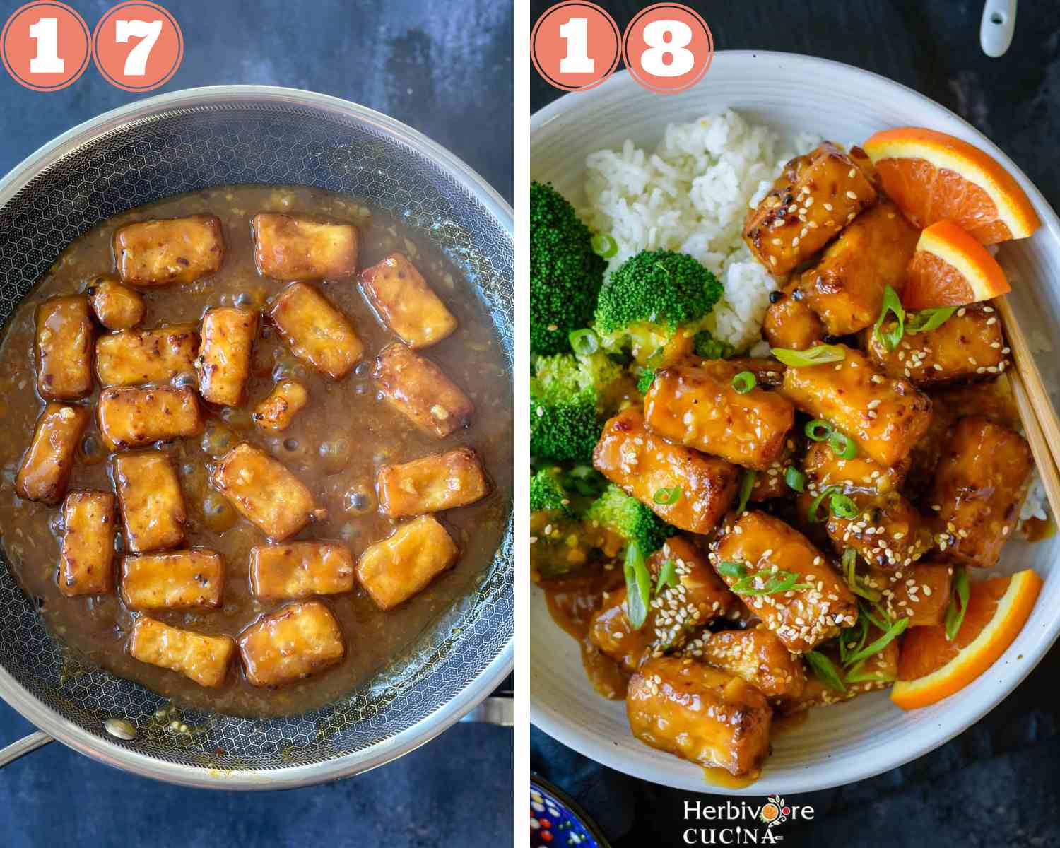 Collage steps to make Orange tofu; cooking till the sauce coats the tofu and serving it with steamed rice. 