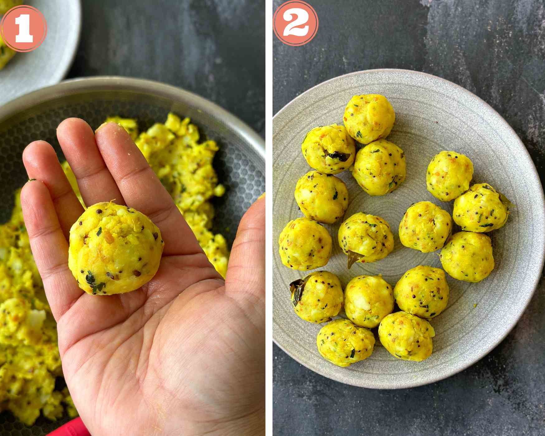 Collage steps for assembling baked vada pav; take some potato mixture and make balls.
