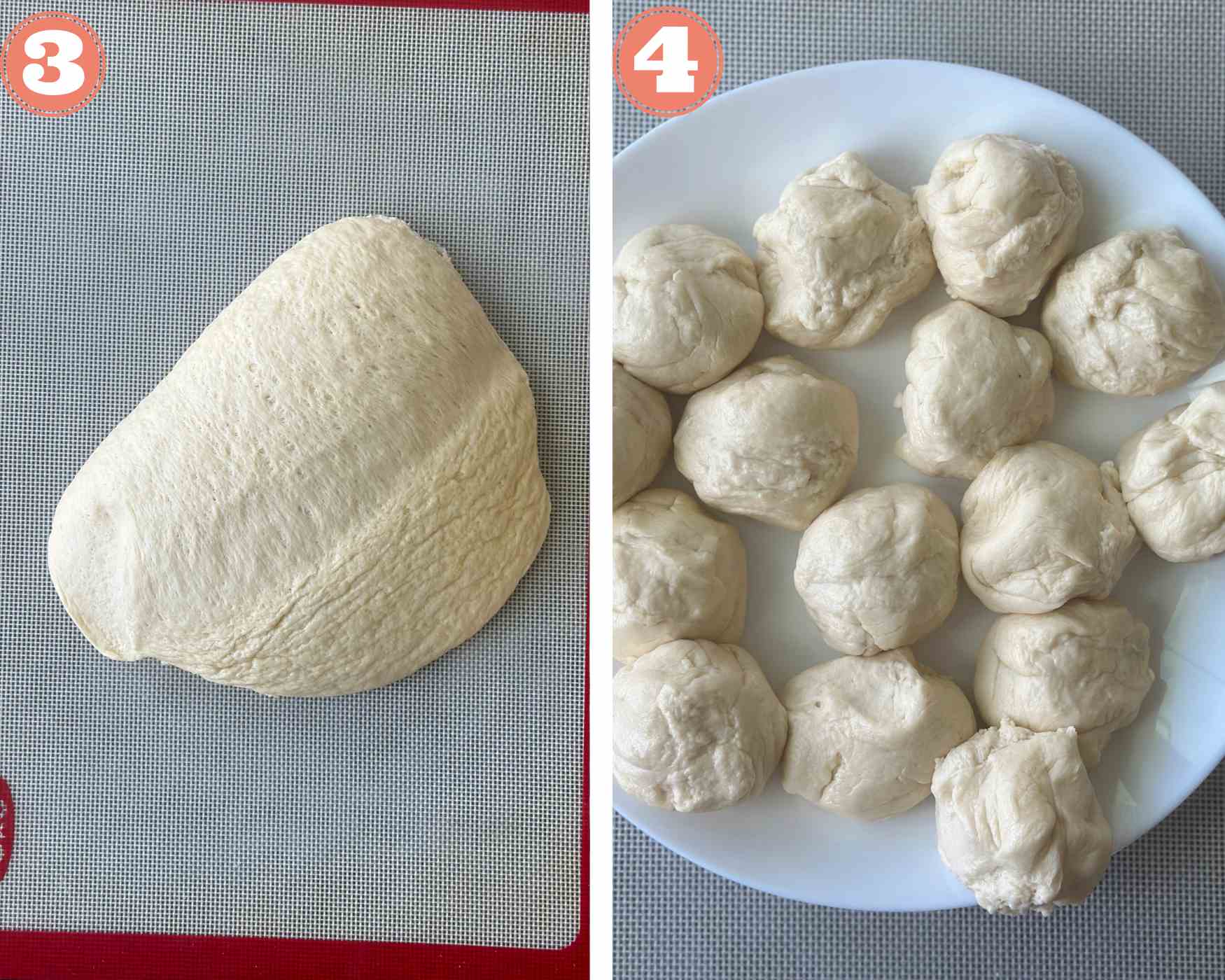 Collage steps for assembling baked vada pav; divide the bread dough into small parts.