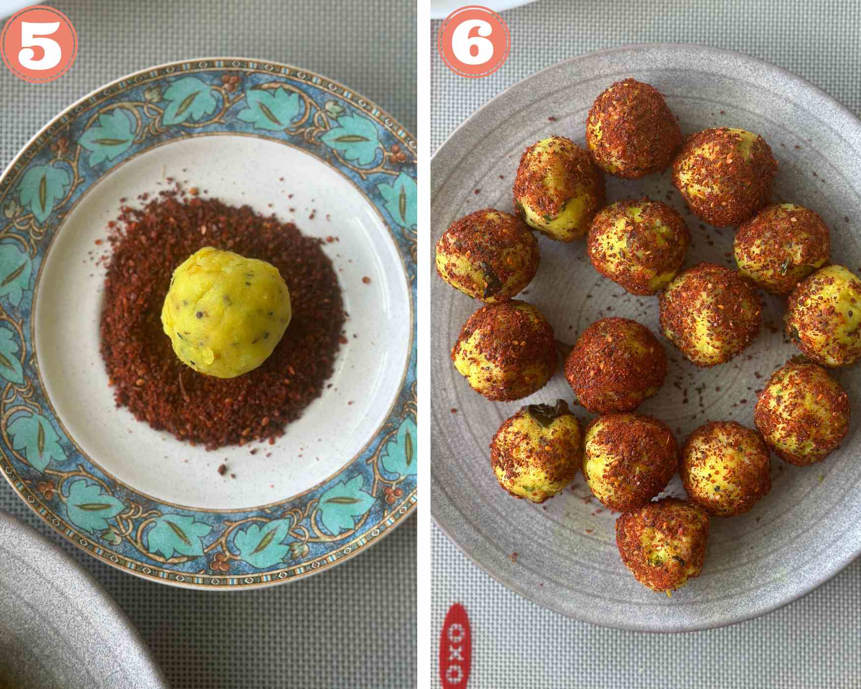 Collage steps for assembling baked vada pav; coat the potato balls with garlic chutney.