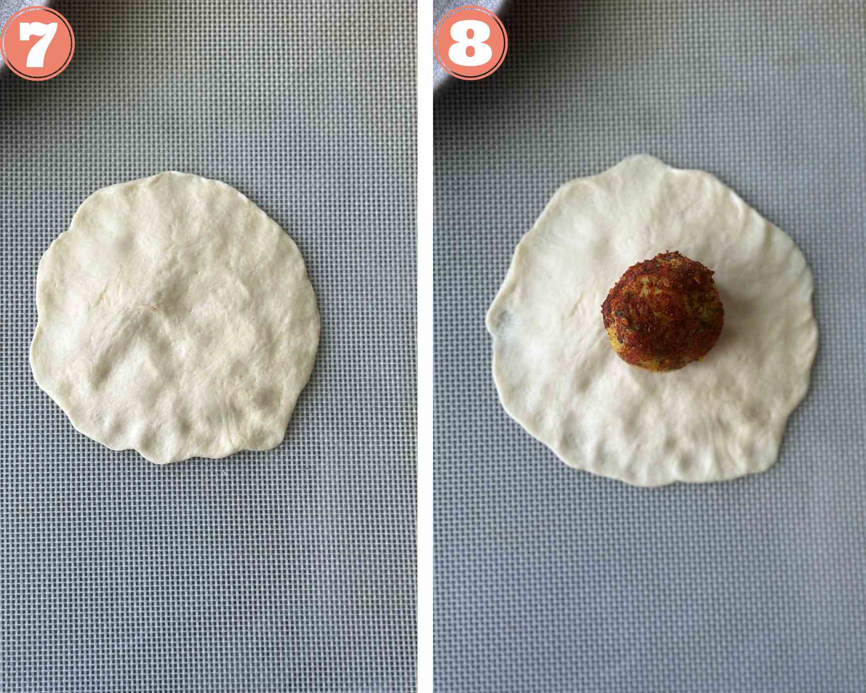 Collage steps for assembling baked vada pav; place a potato ball on the flat bread dough round.