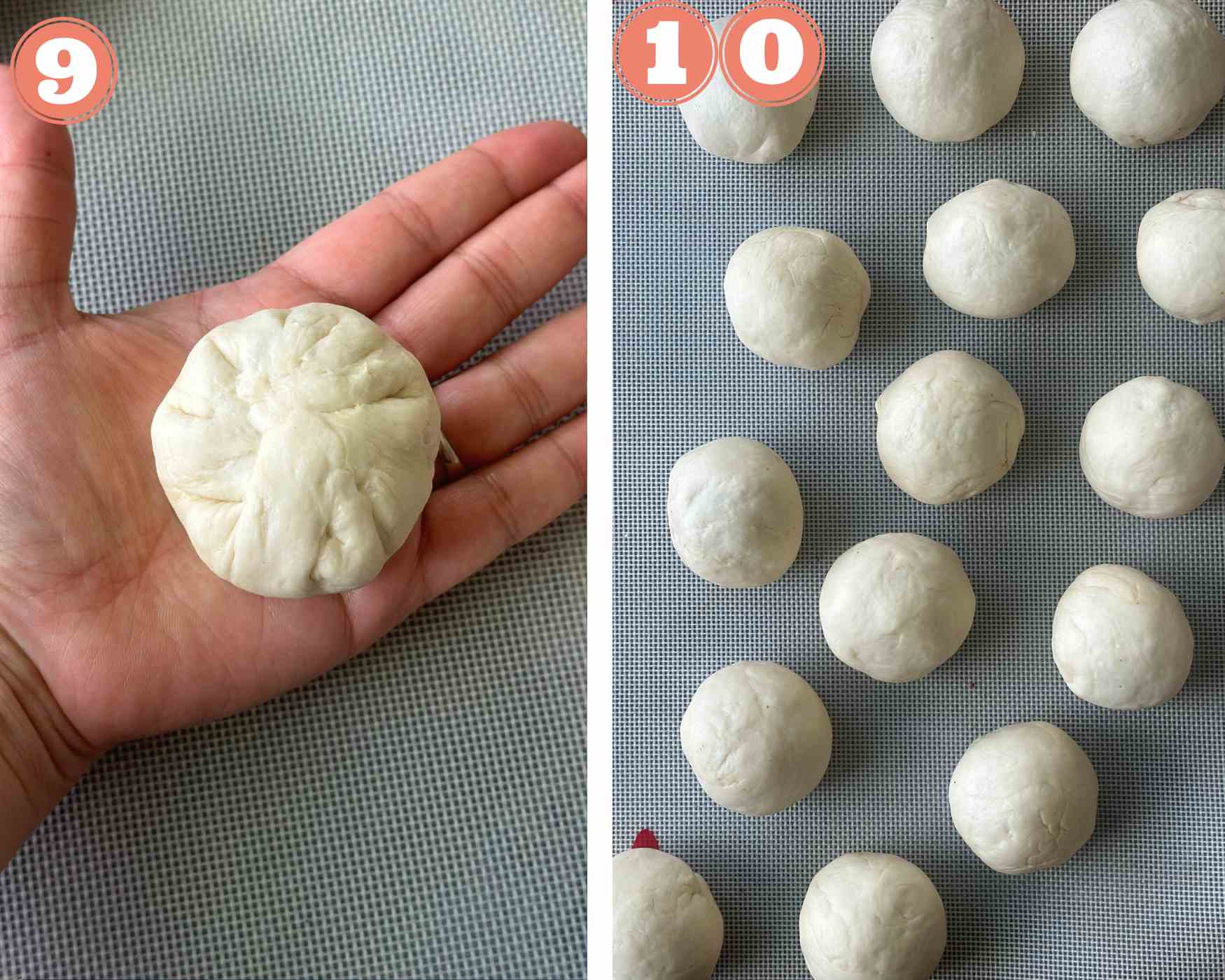 Collage steps for assembling baked vada pav; roll the bread dough into a smooth round and repeat for the rest of the mixture too.