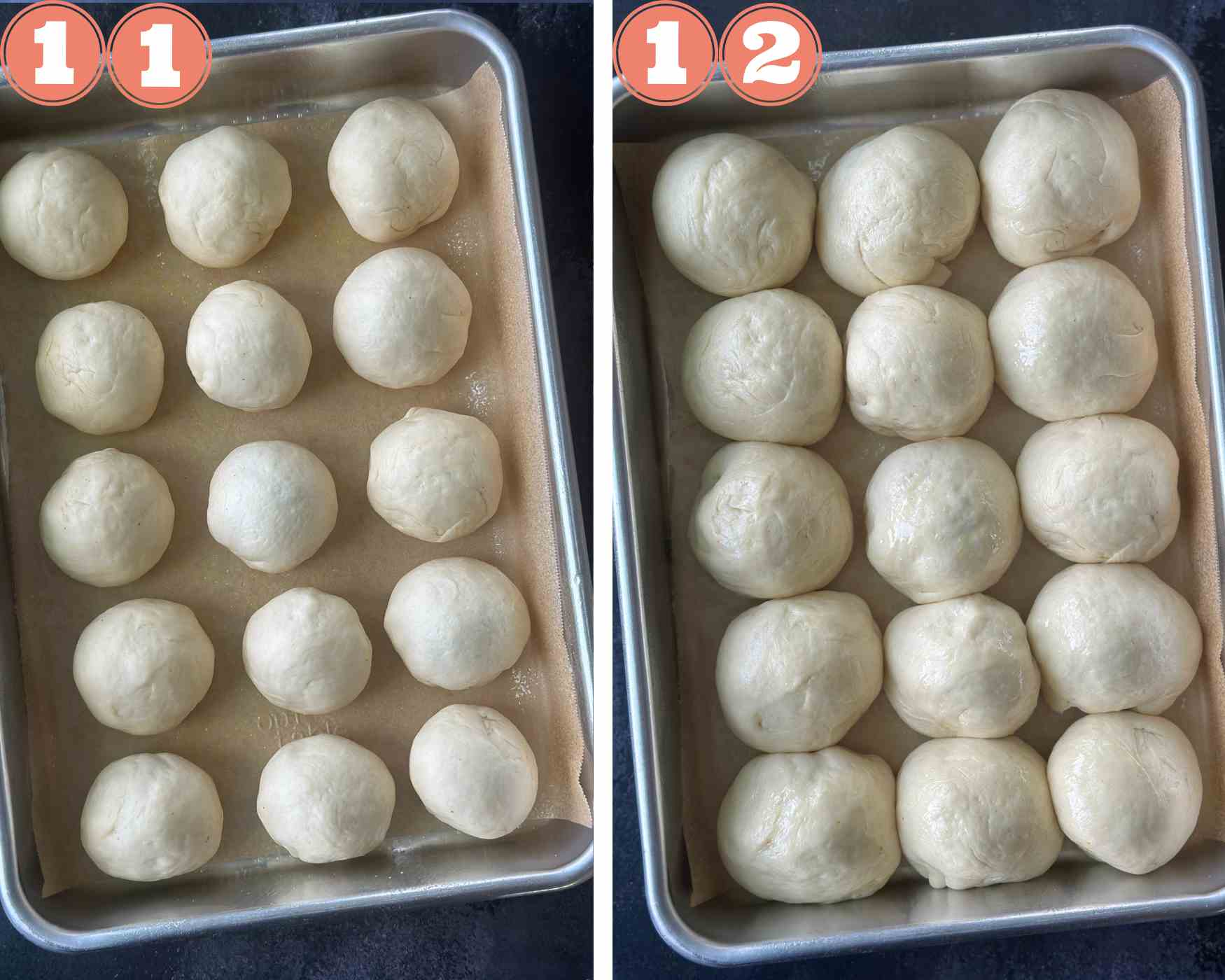 Collage steps for assembling baked vada pav; place the vada pav in a tray and let them rise.