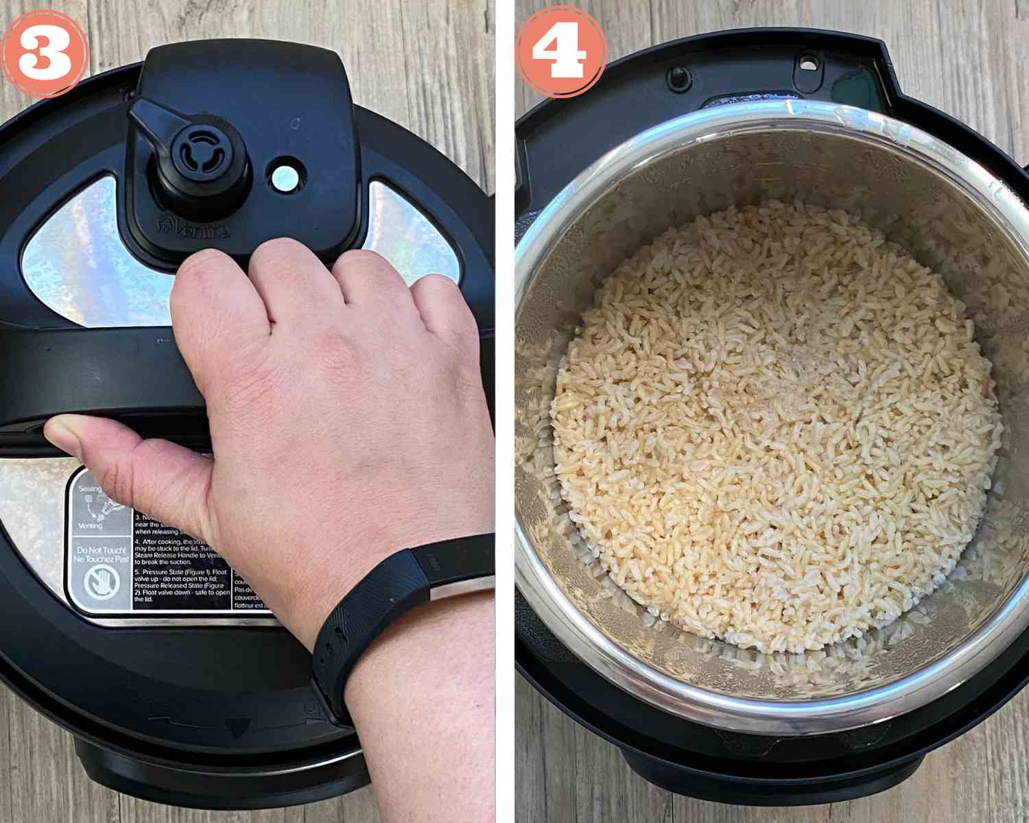 Collage steps to make brown rice in the instant pot; cook the rice and open the instant pot.