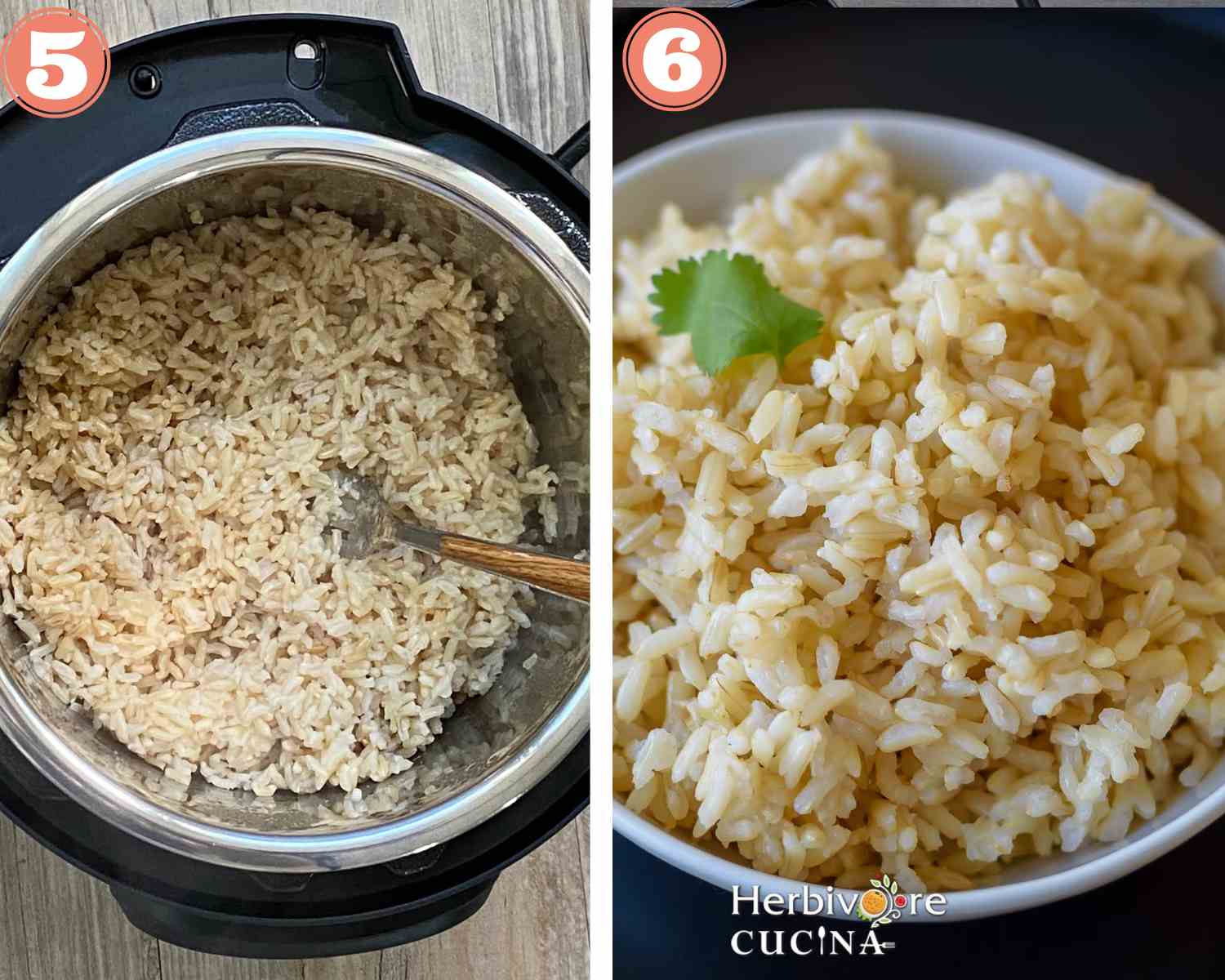 Collage steps to make brown rice in the instant pot; fluff the rice and enjoy.