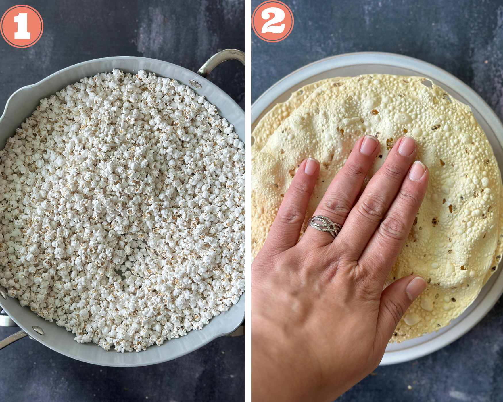 Collage steps to make Jowar Dhani Chivda; roast dhani and papad.