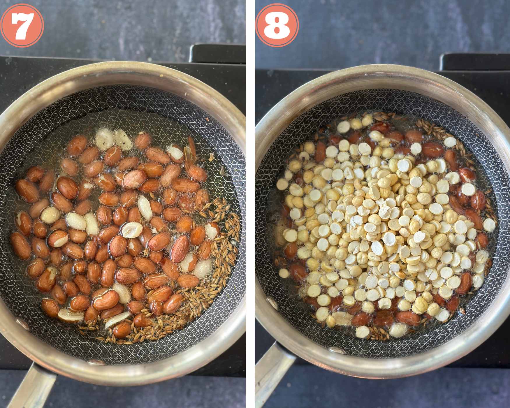 Collage steps to make Jowar Dhani Chivda; add peanuts and dalia and roast well.