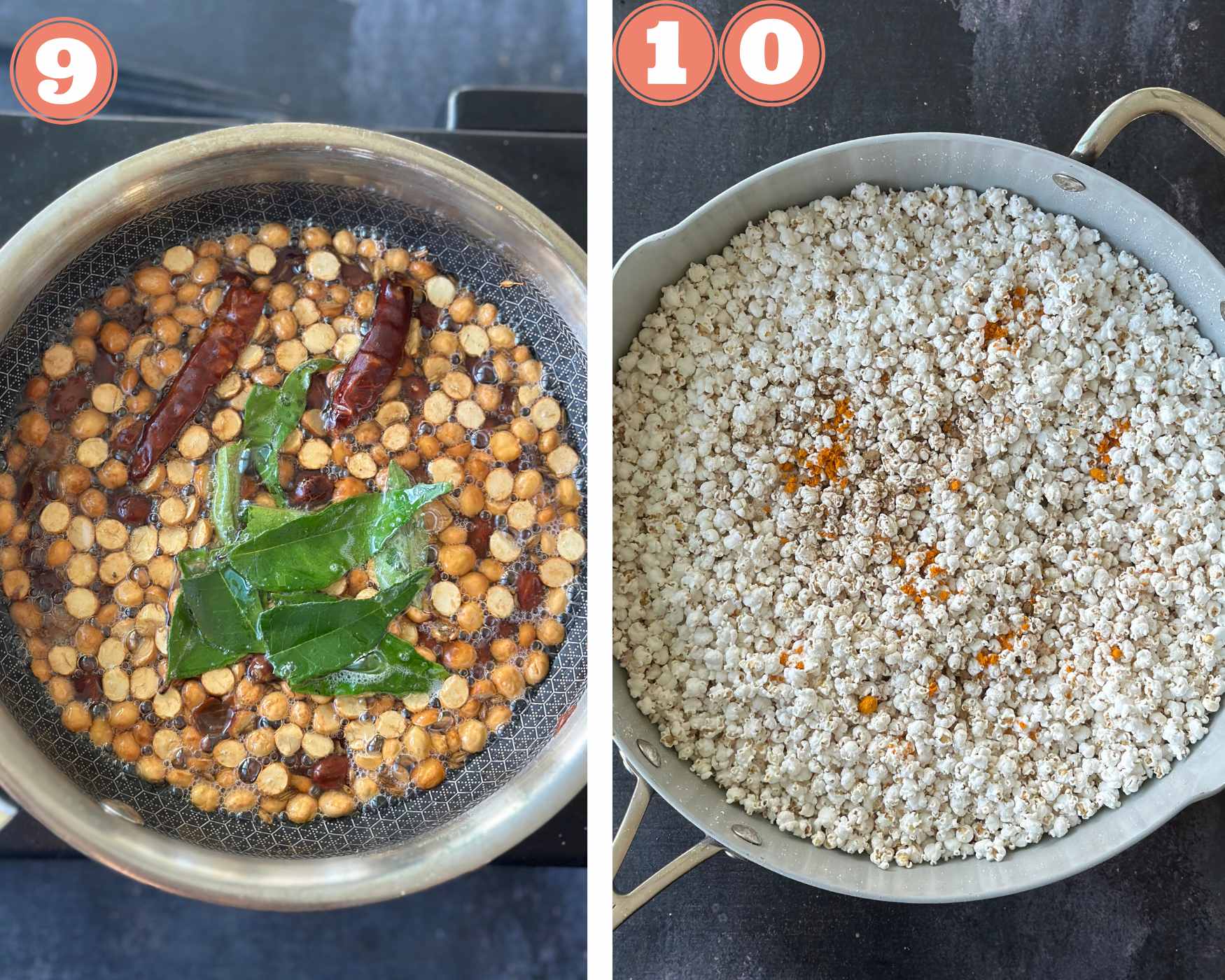 Collage steps to make Jowar Dhani Chivda; add red chili and curry leaves to tempering, add spices to dhani.