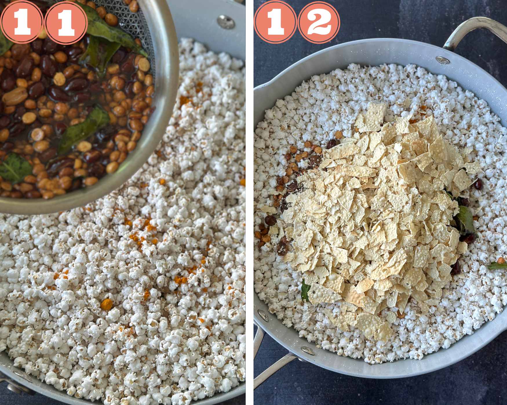 Collage steps to make Jowar Dhani Chivda; add the tempering and papad on the dhani.