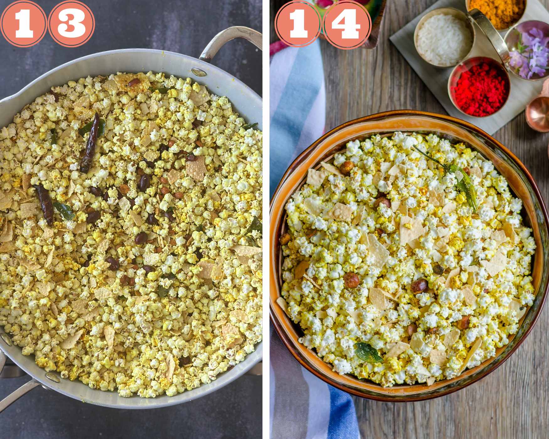Collage steps to make Jowar Dhani Chivda; mix well and let the dhani chivda cool completely.