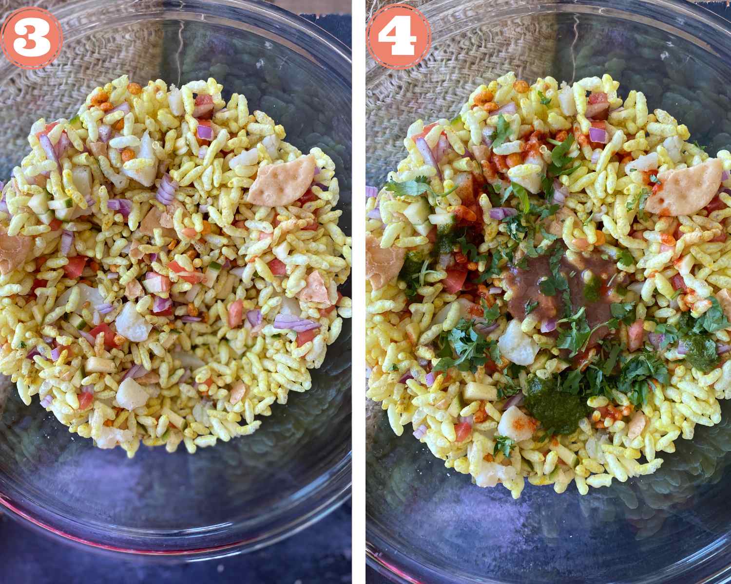 Collage steps to make bhel puri; add chutneys and mix everything well.