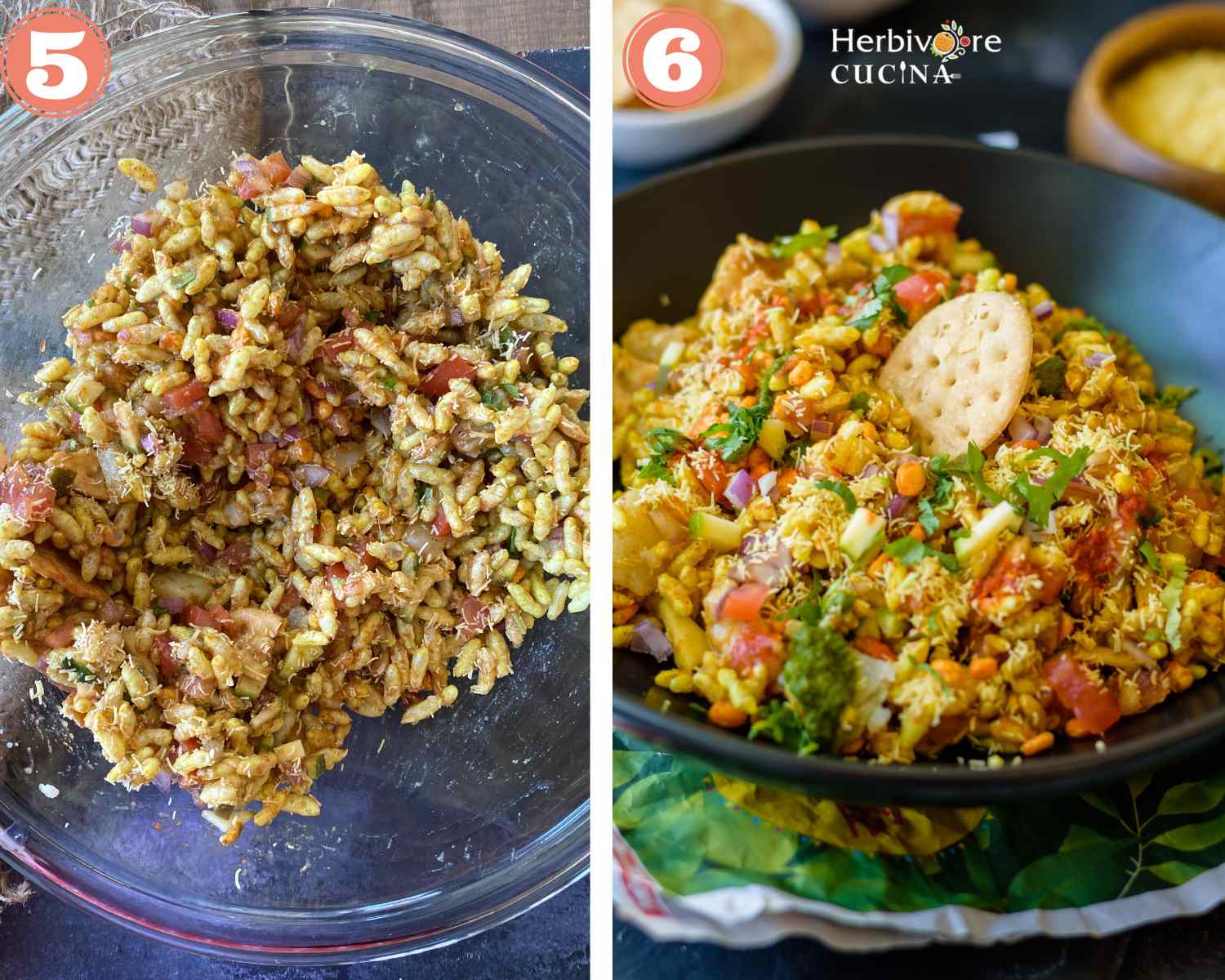 Collage steps to make bhel puri; mixing everything and serving bhel in bowls.