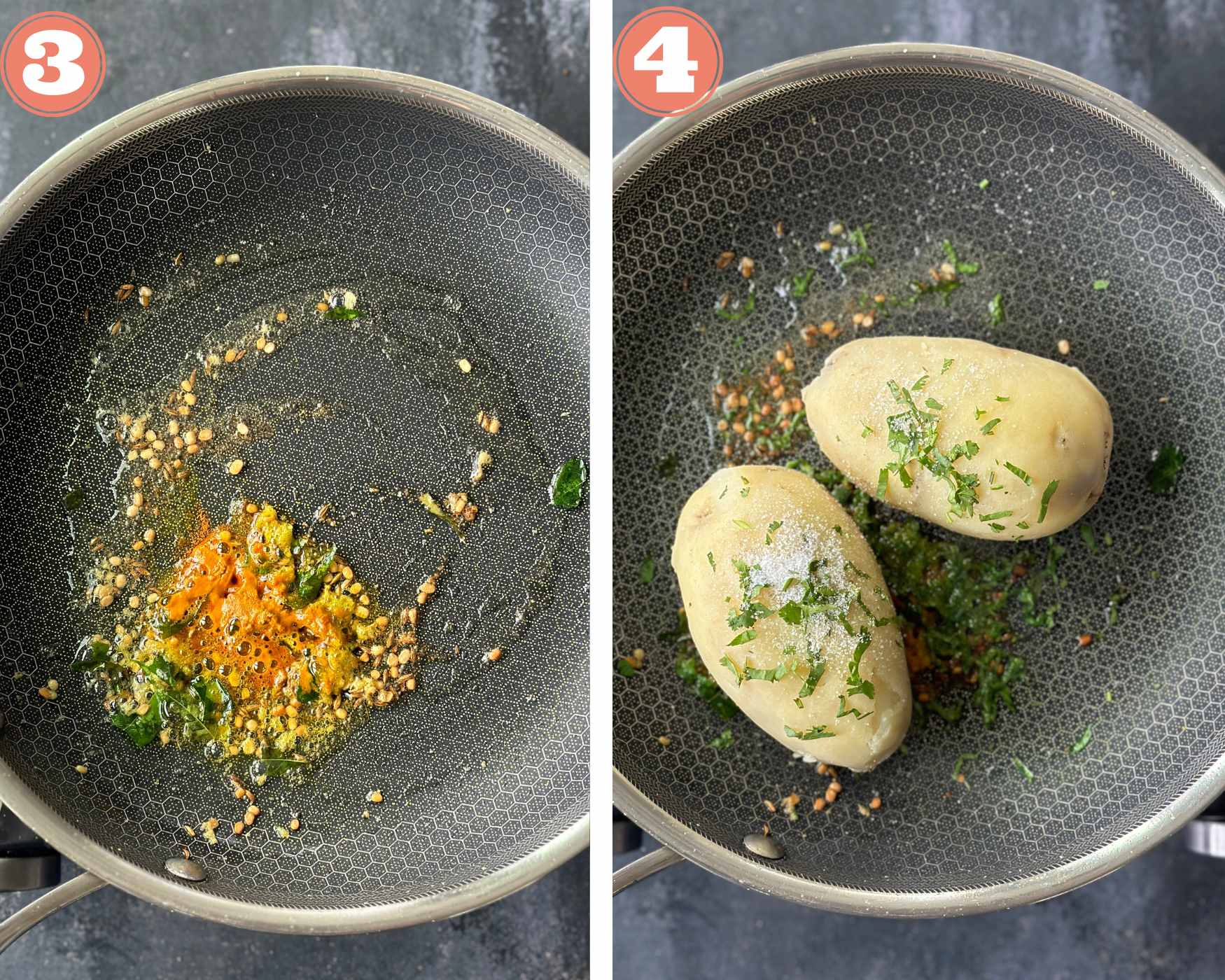 Collage steps to make vada mixture; add spices and potatoes.